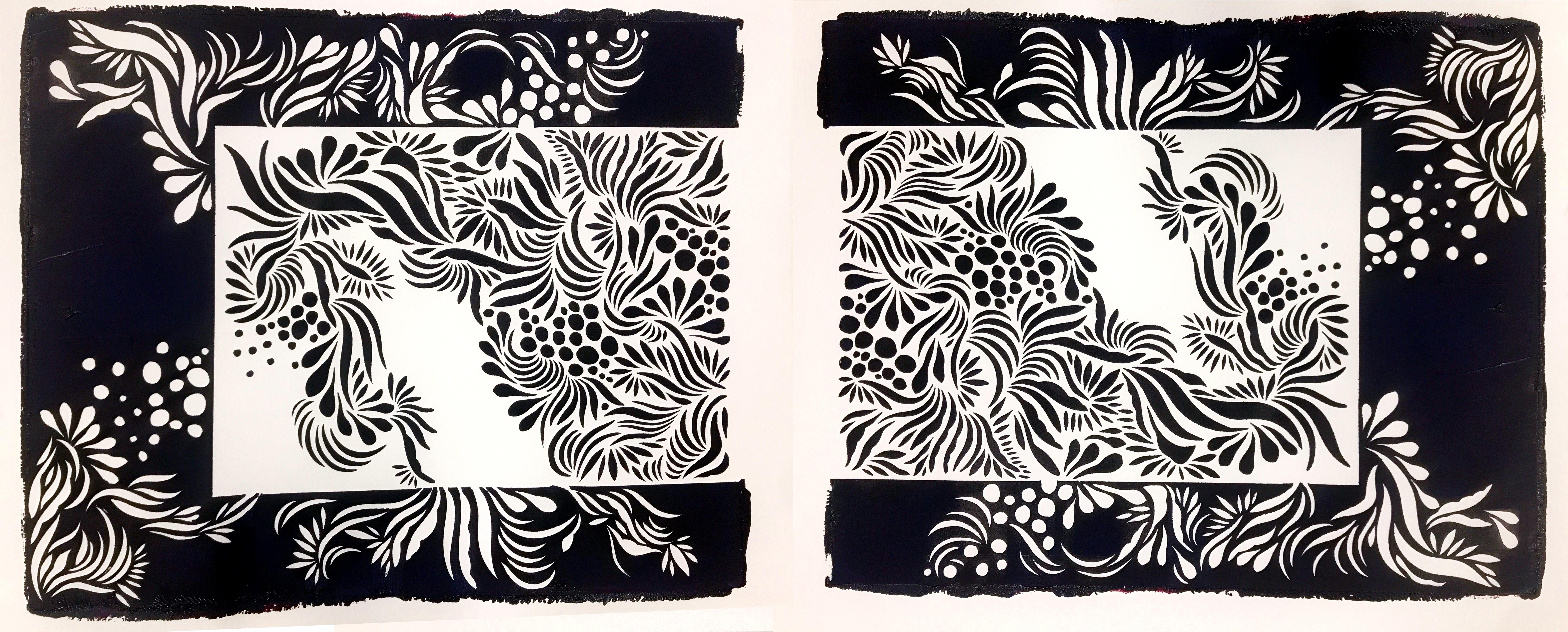 Contemporary Hand cut and pulled screen prints black and white floral abstract