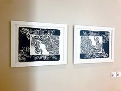 Zeitgenössische handgeschnittene und gezogene Siebdrucke, abstrakte schwarz-weiße Blumen