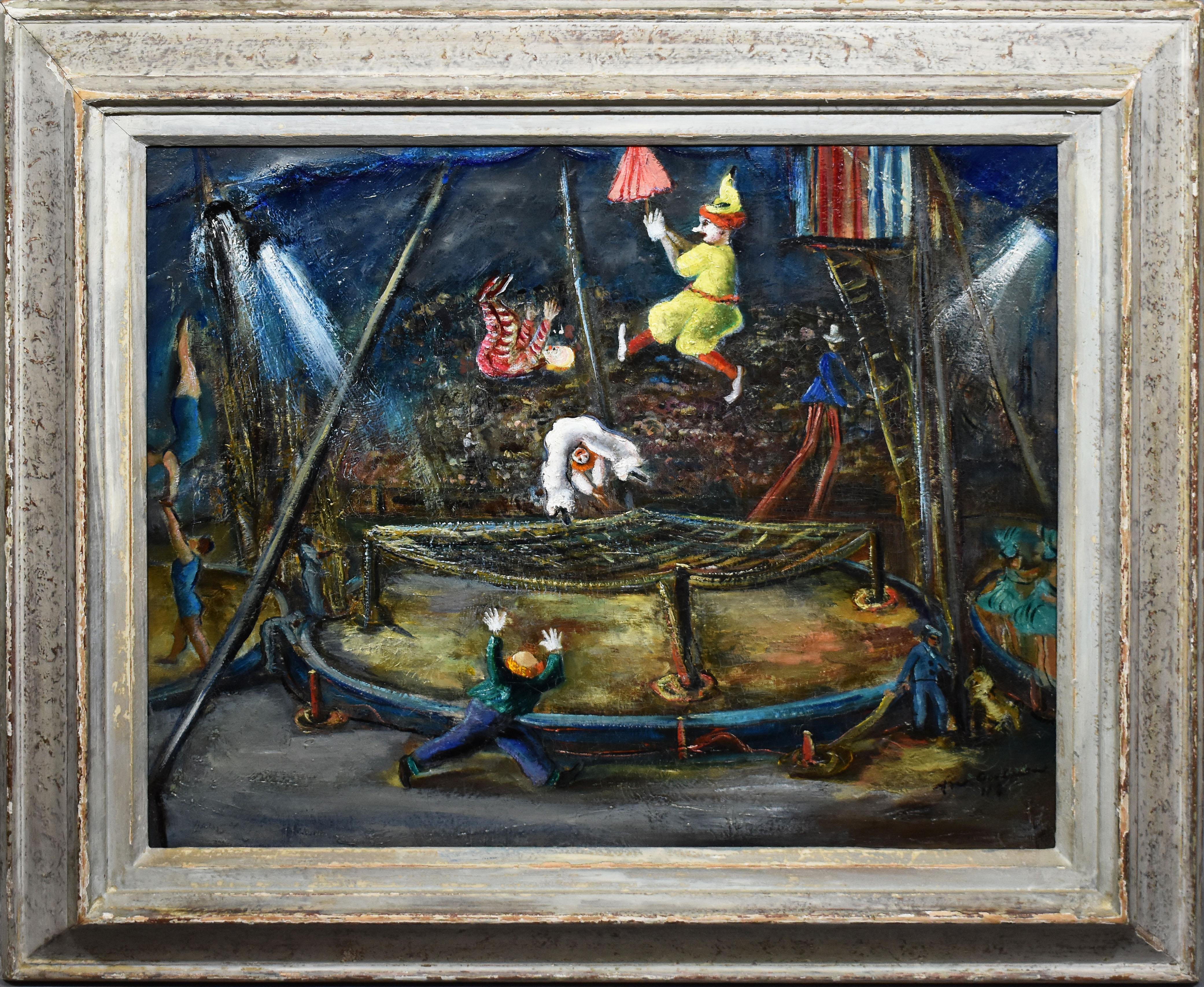 Figurative Painting di Ann Taube Goodman - Antico dipinto ad olio della Scuola Ashcan americana, scena di circo modernista firmata PA