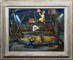 Ancienne peinture à l'huile américaine de l'école Ashcan, représentant une scène de cirque moderniste, signée PA