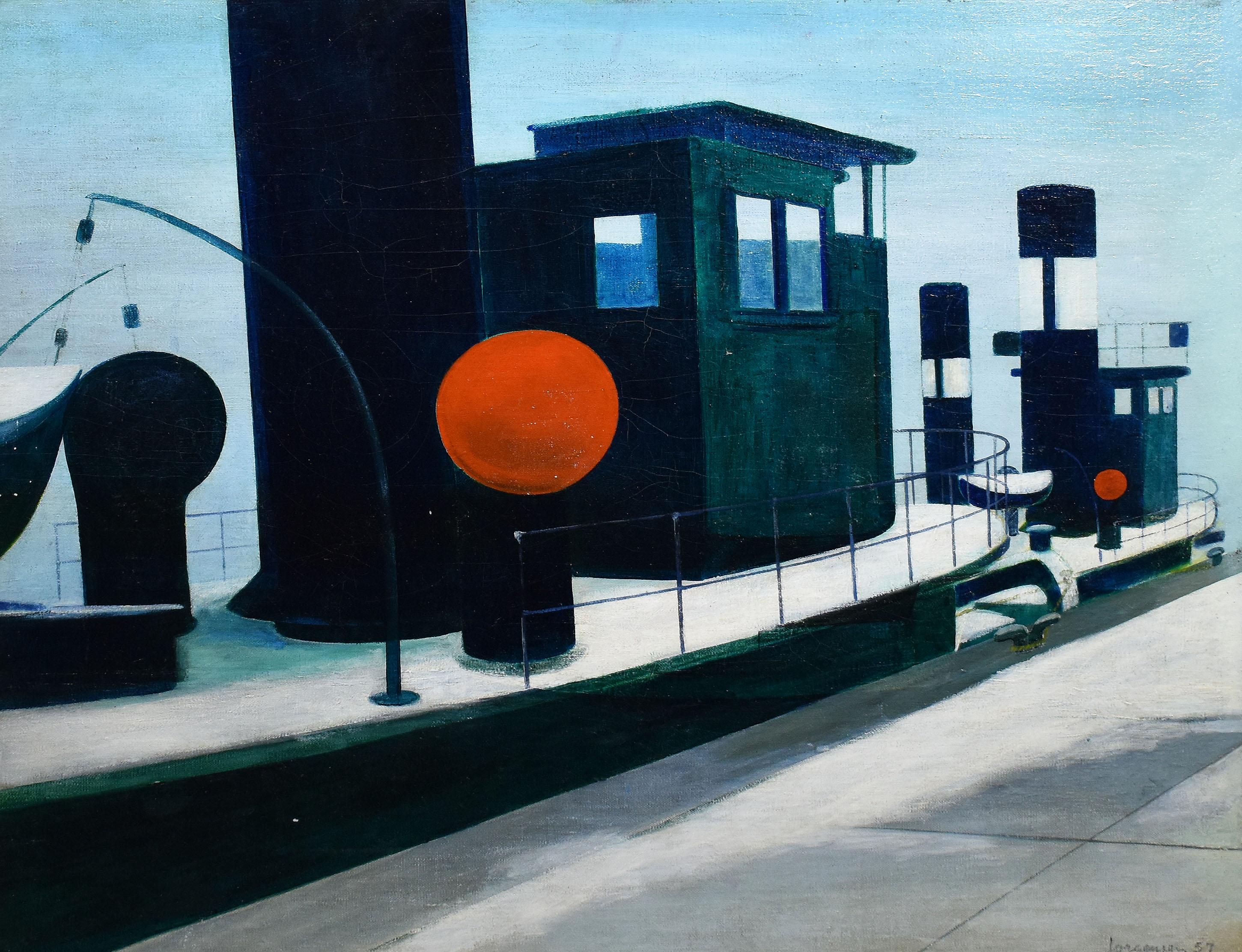 Vieille peinture à l'huile originale signée, grand bateau moderniste de 1957, signée - Moderne Painting par Aksel Jorgensen