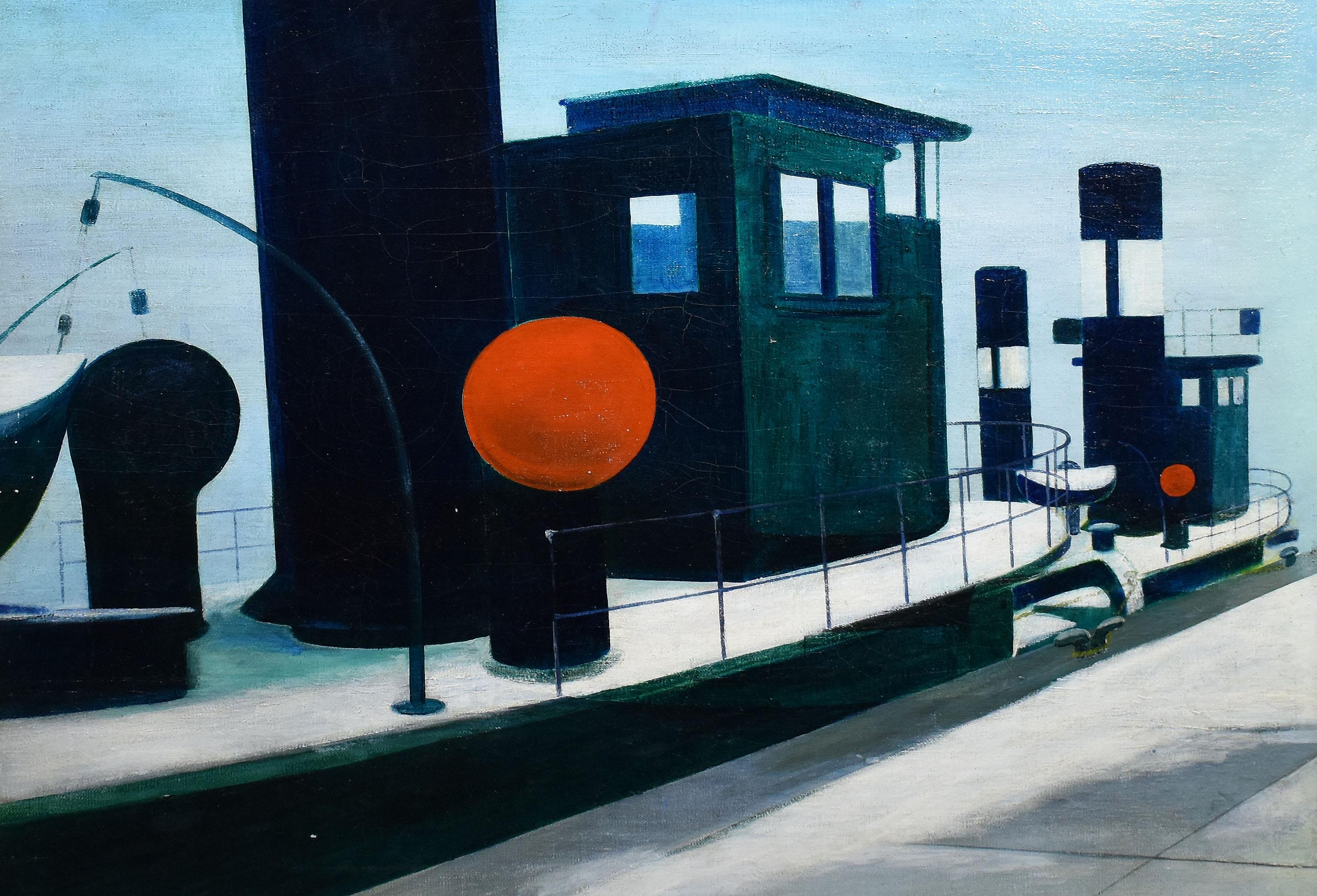 Vieille peinture à l'huile originale signée, grand bateau moderniste de 1957, signée - Noir Abstract Painting par Aksel Jorgensen