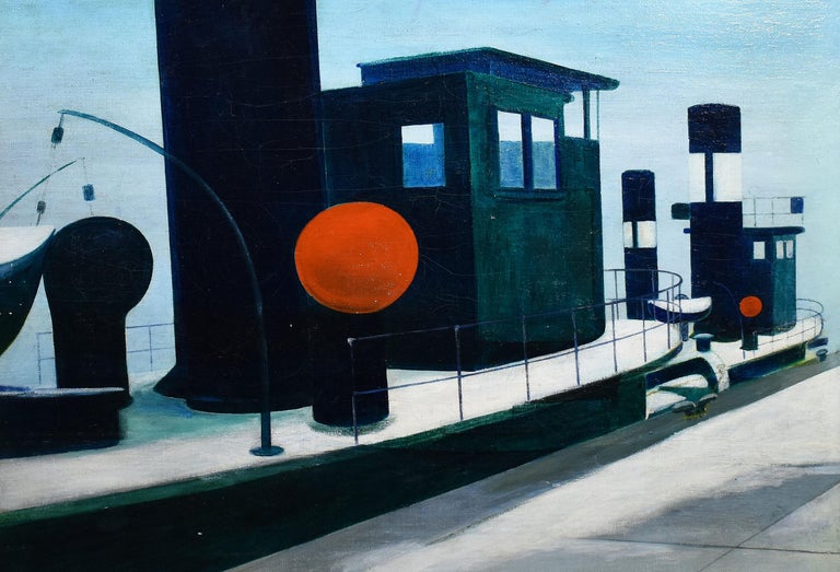 Vintage 1957 Modernist Boat Dock Signed Original Large Signed Oil Painting For Sale 1