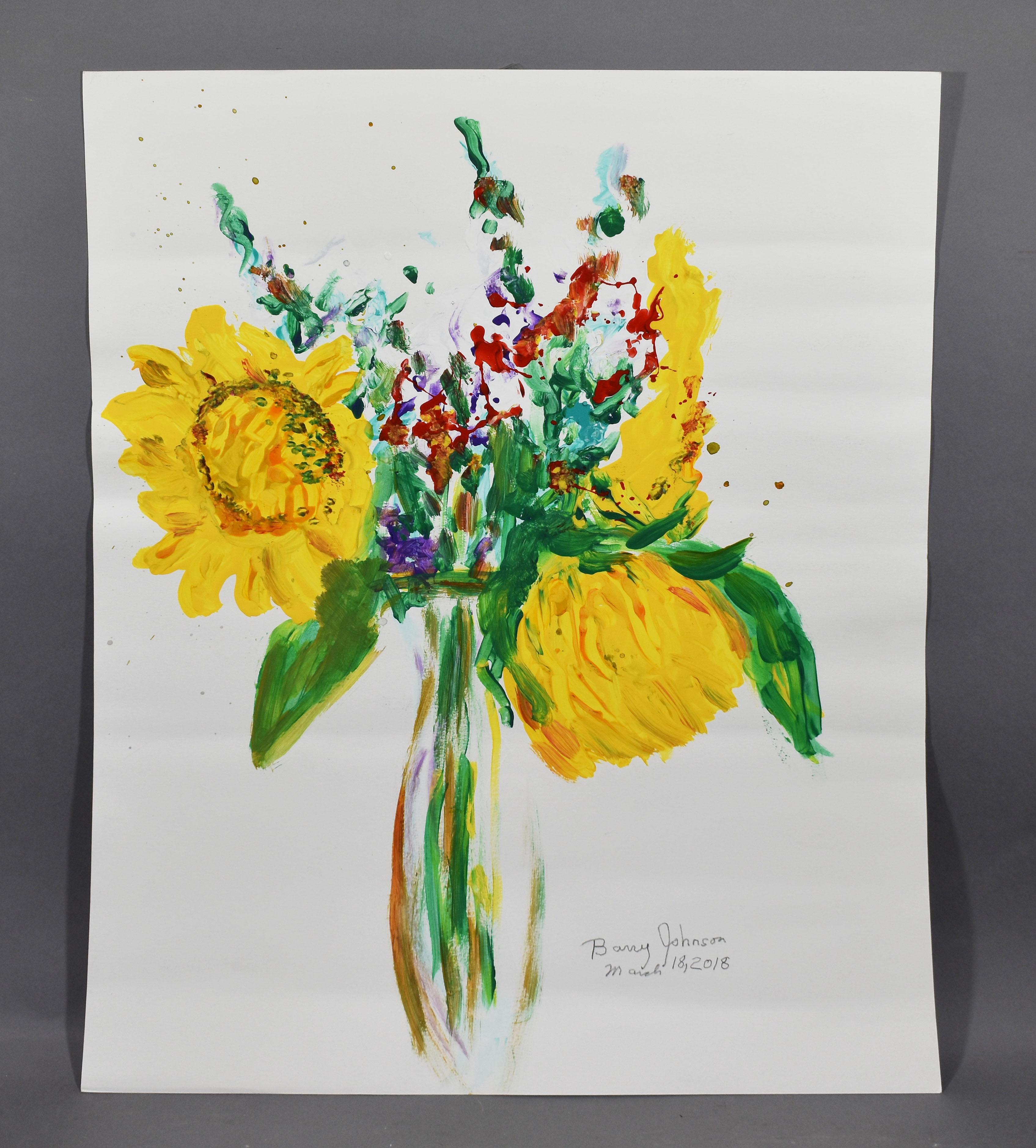Vintage American Modernist Sunflower Still Life Flower Pittura originale firmata - Painting di Barry Johnson