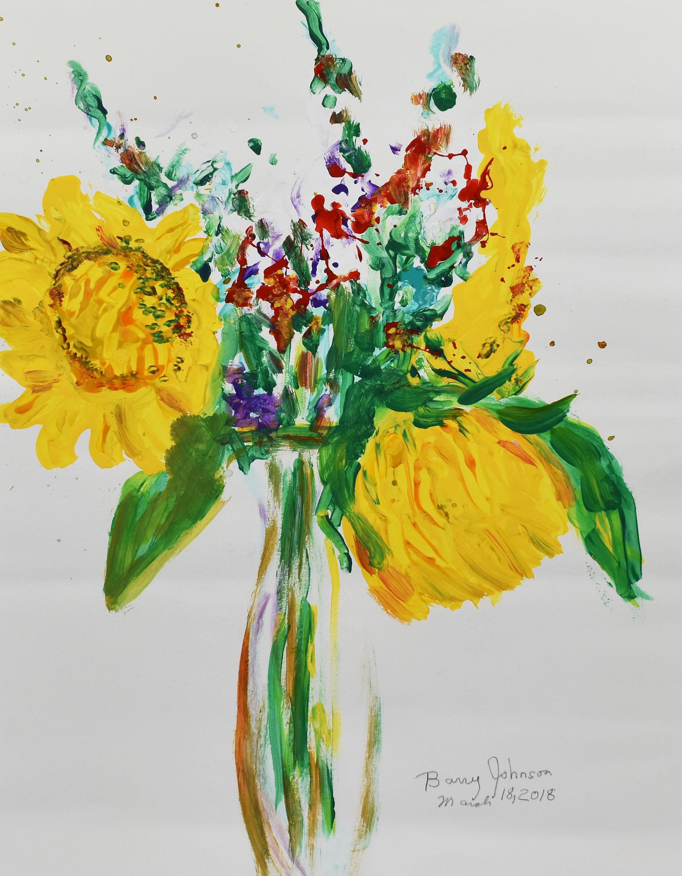 Nature morte de tournesol moderniste américaine vintage, fleur signée, peinture originale - Expressionnisme abstrait Painting par Barry Johnson