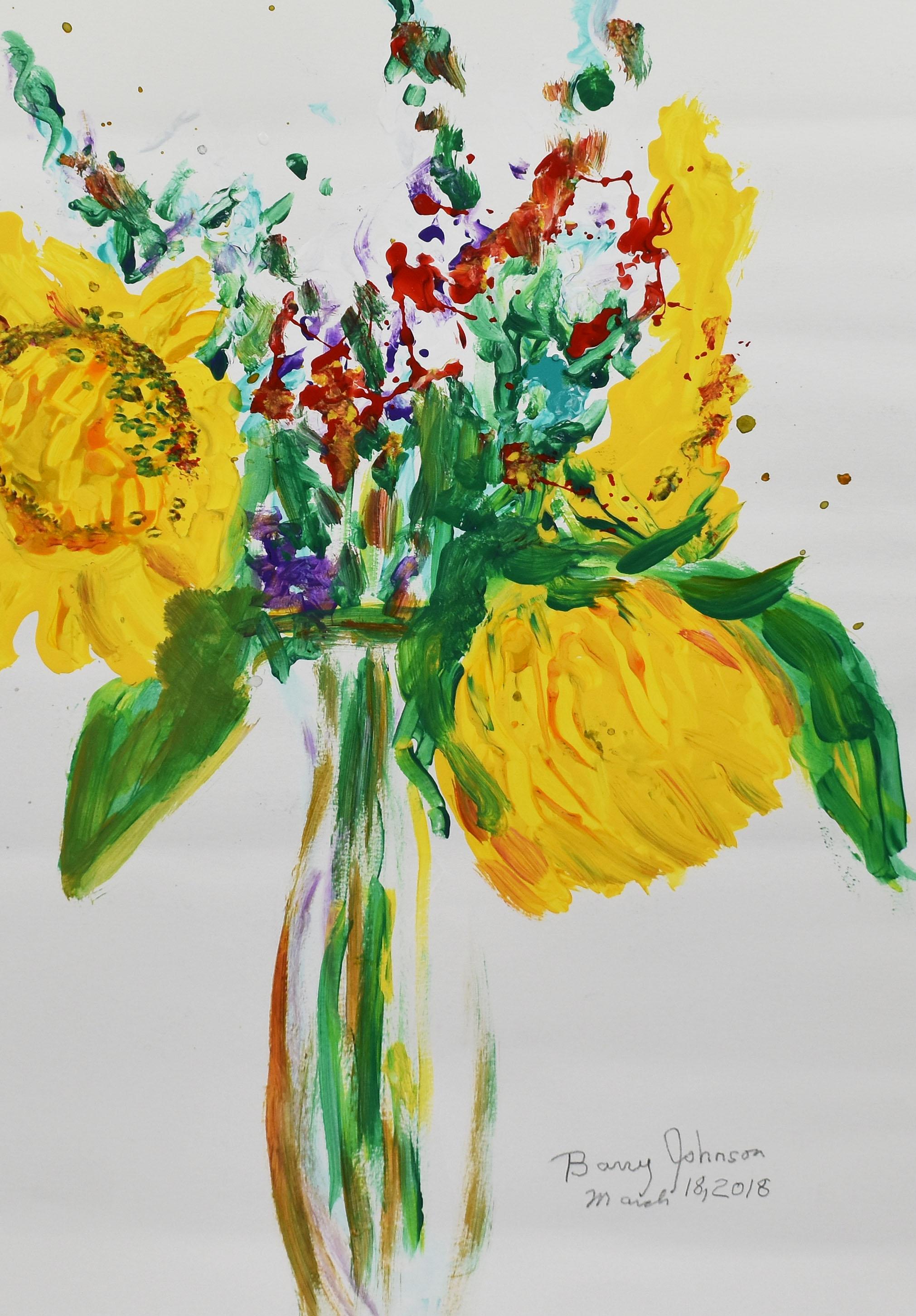 Nature morte de tournesol moderniste américaine vintage, fleur signée, peinture originale - Beige Abstract Painting par Barry Johnson
