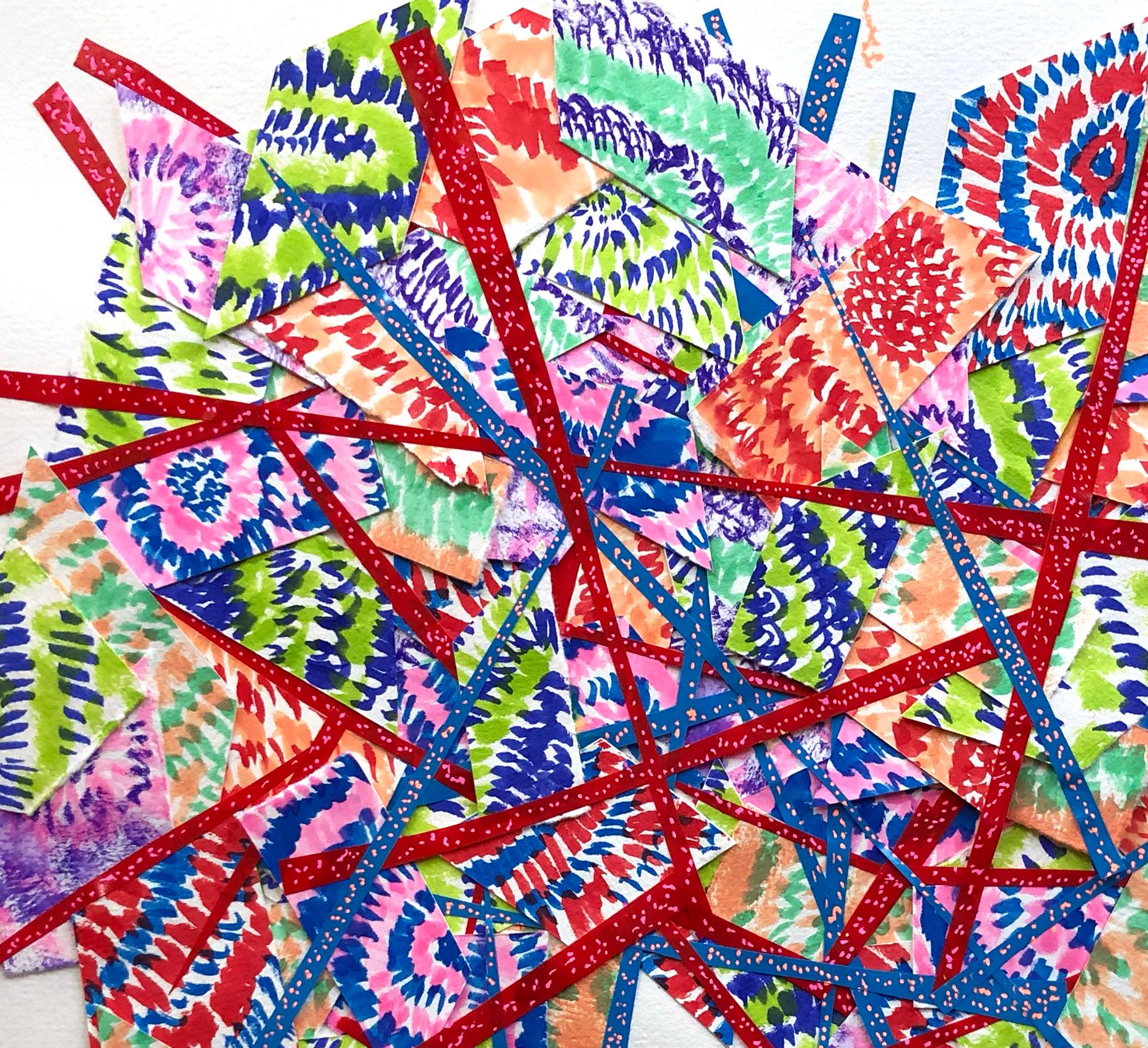 Abstraktes Collage-Gemälde in verschiedenen Medien, zeitgenössisches rot-blau-grünes Muster  – Art von Winslow Tee