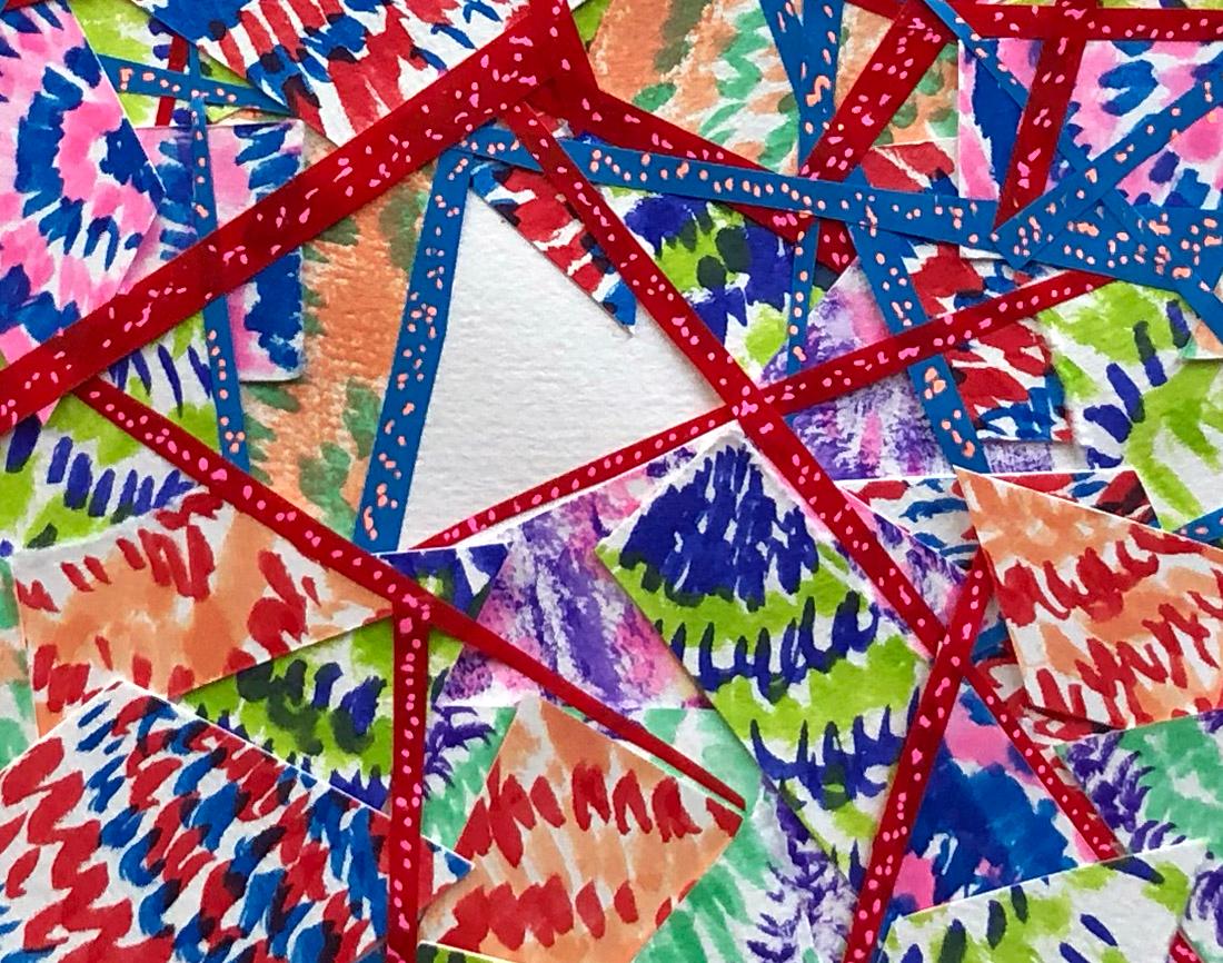 Abstraktes Collage-Gemälde in verschiedenen Medien, zeitgenössisches rot-blau-grünes Muster  (Geometrische Abstraktion), Art, von Winslow Tee