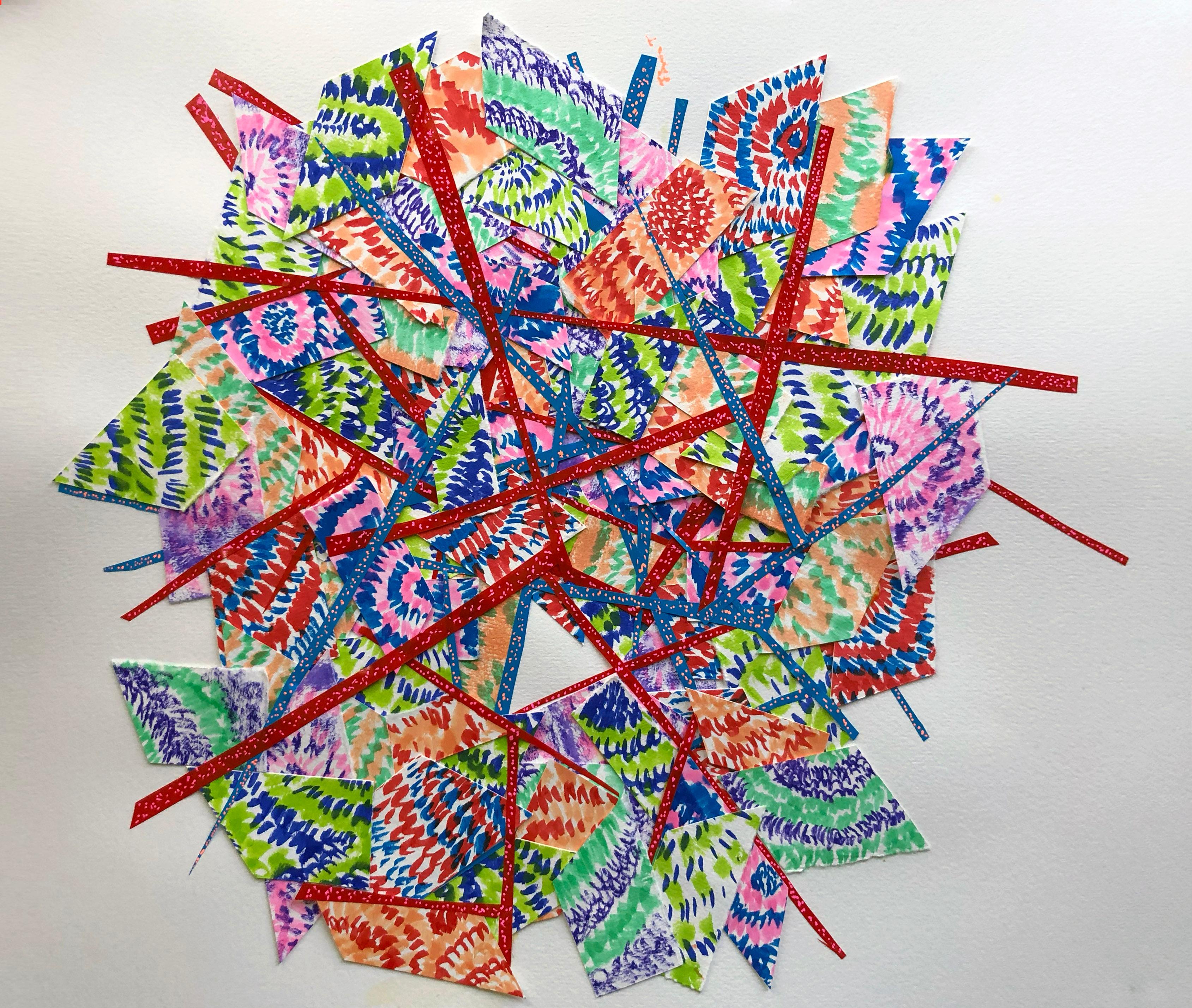 Abstraktes Collage-Gemälde in verschiedenen Medien, zeitgenössisches rot-blau-grünes Muster 
