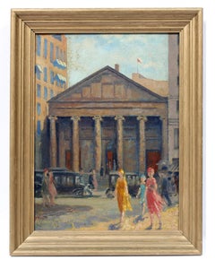 Antique American Female Impressionist Boston Street Scene Signed Oil Painting