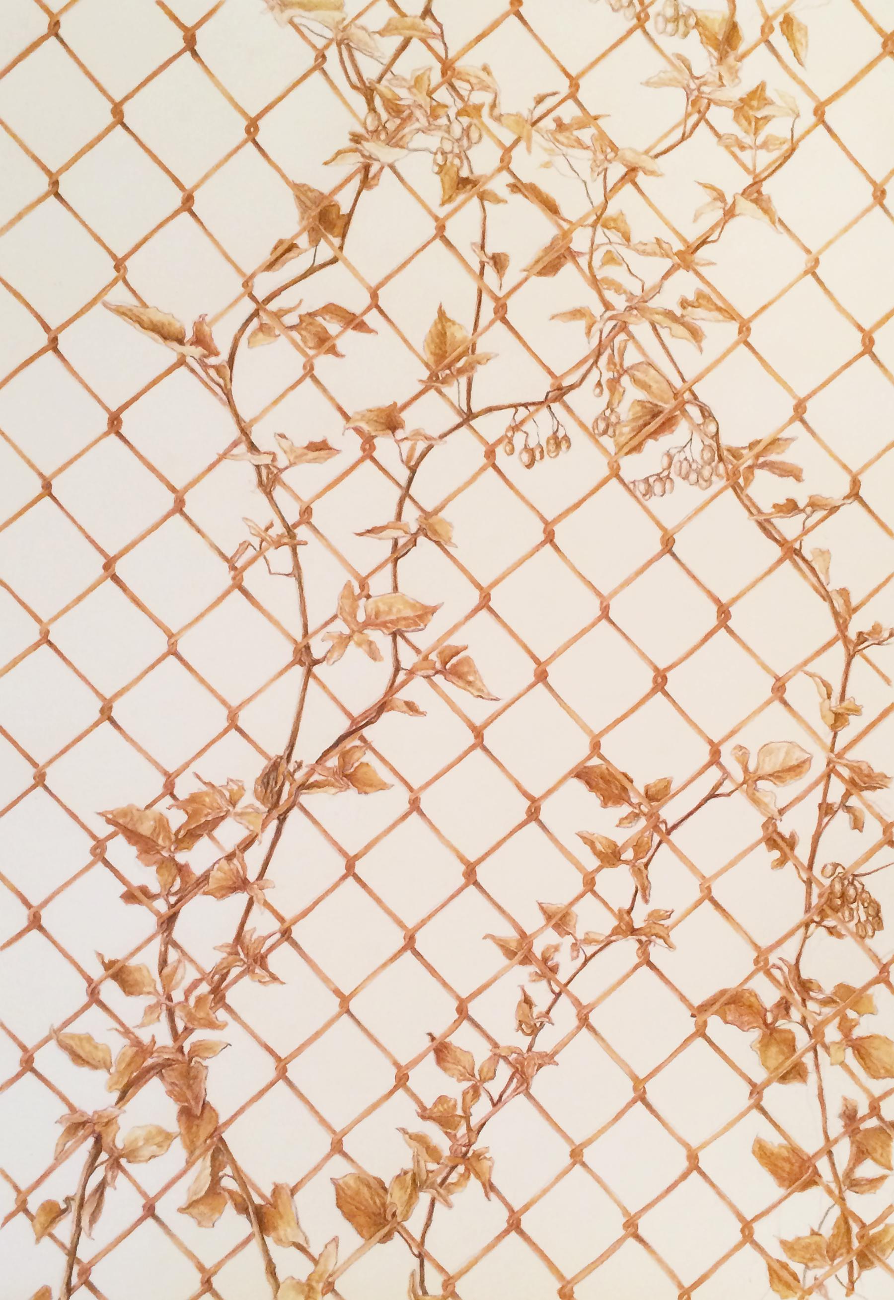 Peinture florale conceptuelle à l'encre cuivrée d'une artiste américaine représentant des arbres de clôture 