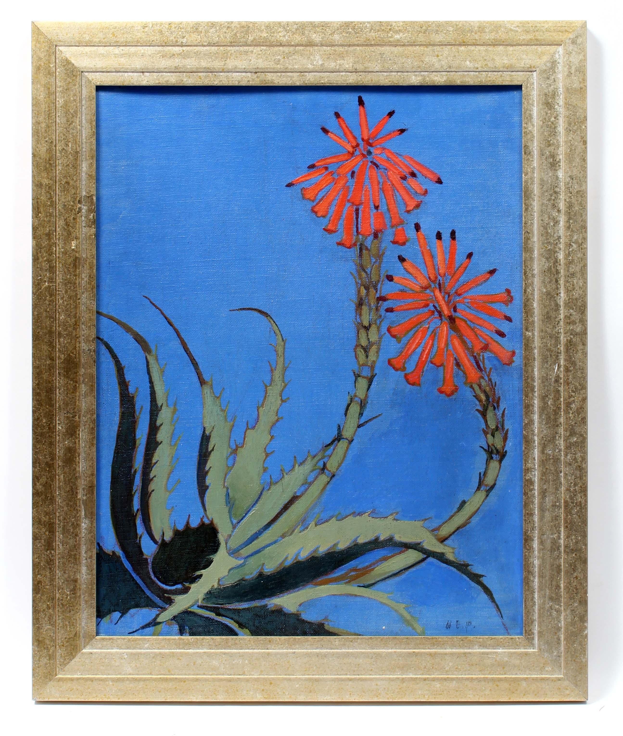 Margaret Evans Price Still-Life Painting - Floral Illustrator Margaret Price Bright Blue Orange Framed Oil Painting Female