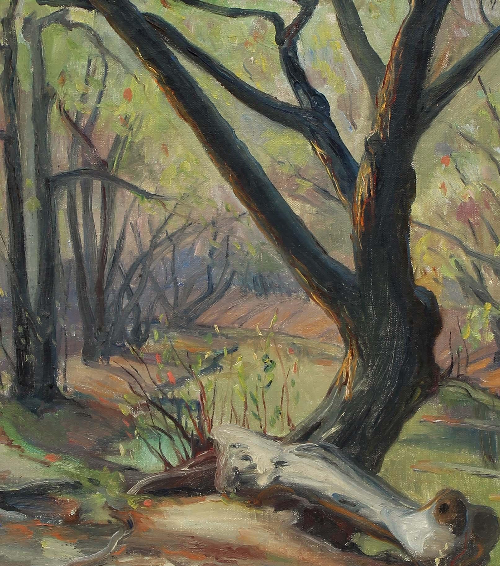 French Impressionist oil painting Caldwell Woods Chicago Plein Air Original 1940 - Brown Landscape Painting by Louis Philippe Kamm