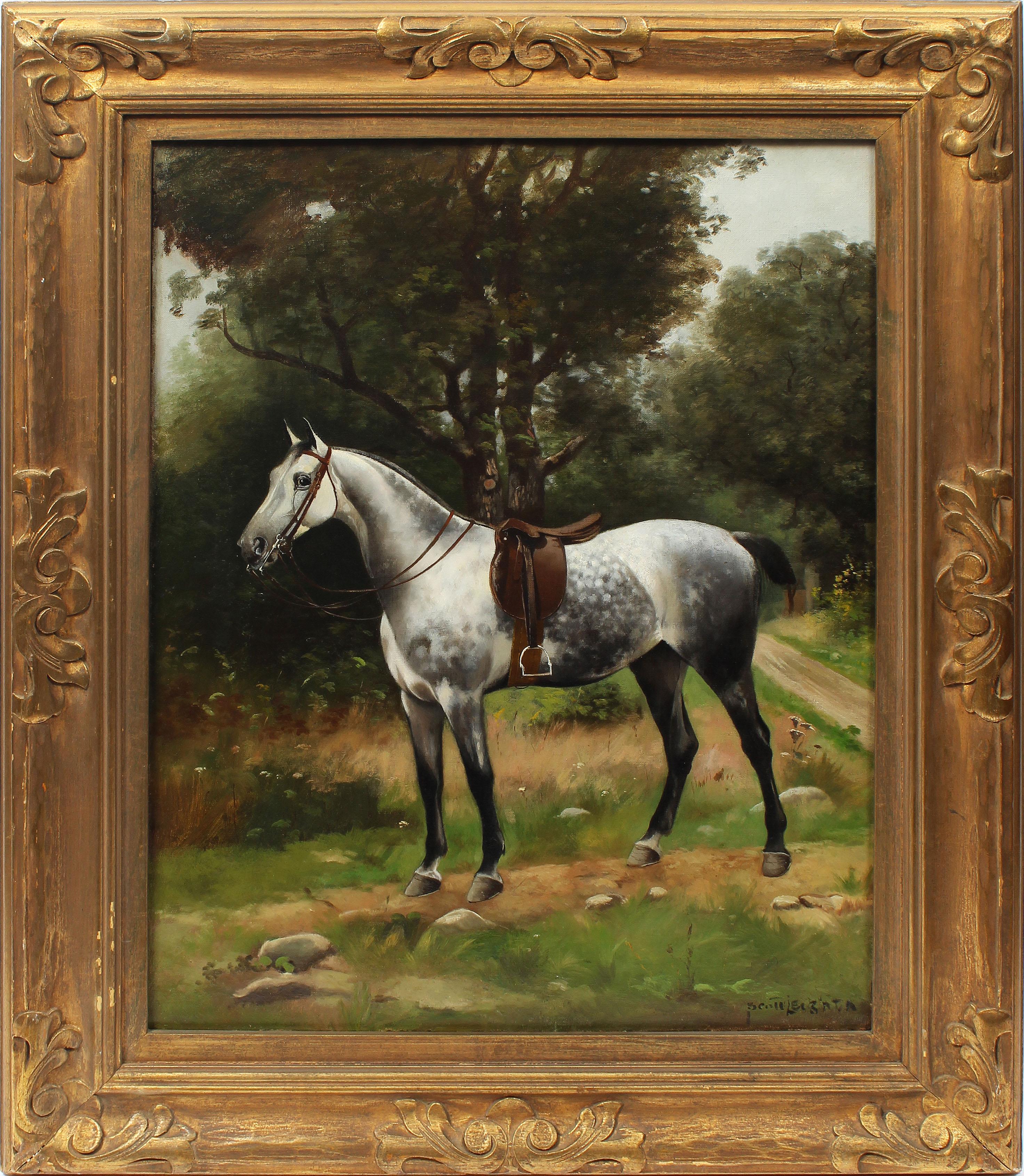 Scott (Nicholas Winfield) Leighton Landscape Painting - Antique American Horse Portrait Signed Original Animal & Landscape Oil Painting