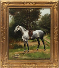 Antique American Horse Portrait Signed Original Animal & Landscape Oil Painting