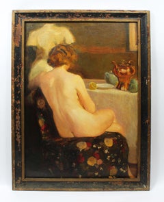 Antique American Impressionist Large Nude Portrait Interior View Oil Painting