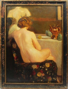 Antique American Impressionist Large Nude Portrait Interior View Oil Painting