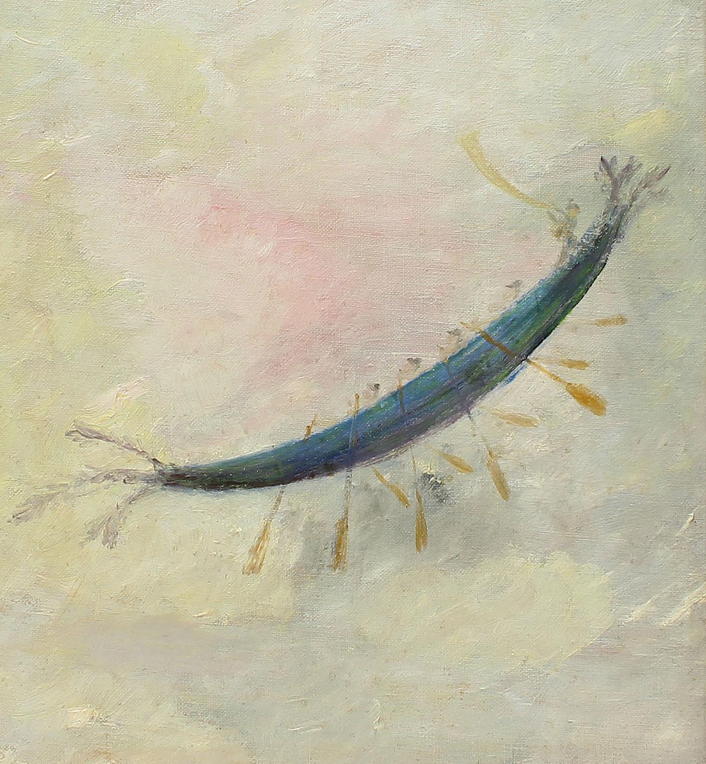 Antique American modernist fantasy painting of a pea pod.  Oil on board, circa 1946.  Displayed in a period modern frame.  Image, 12