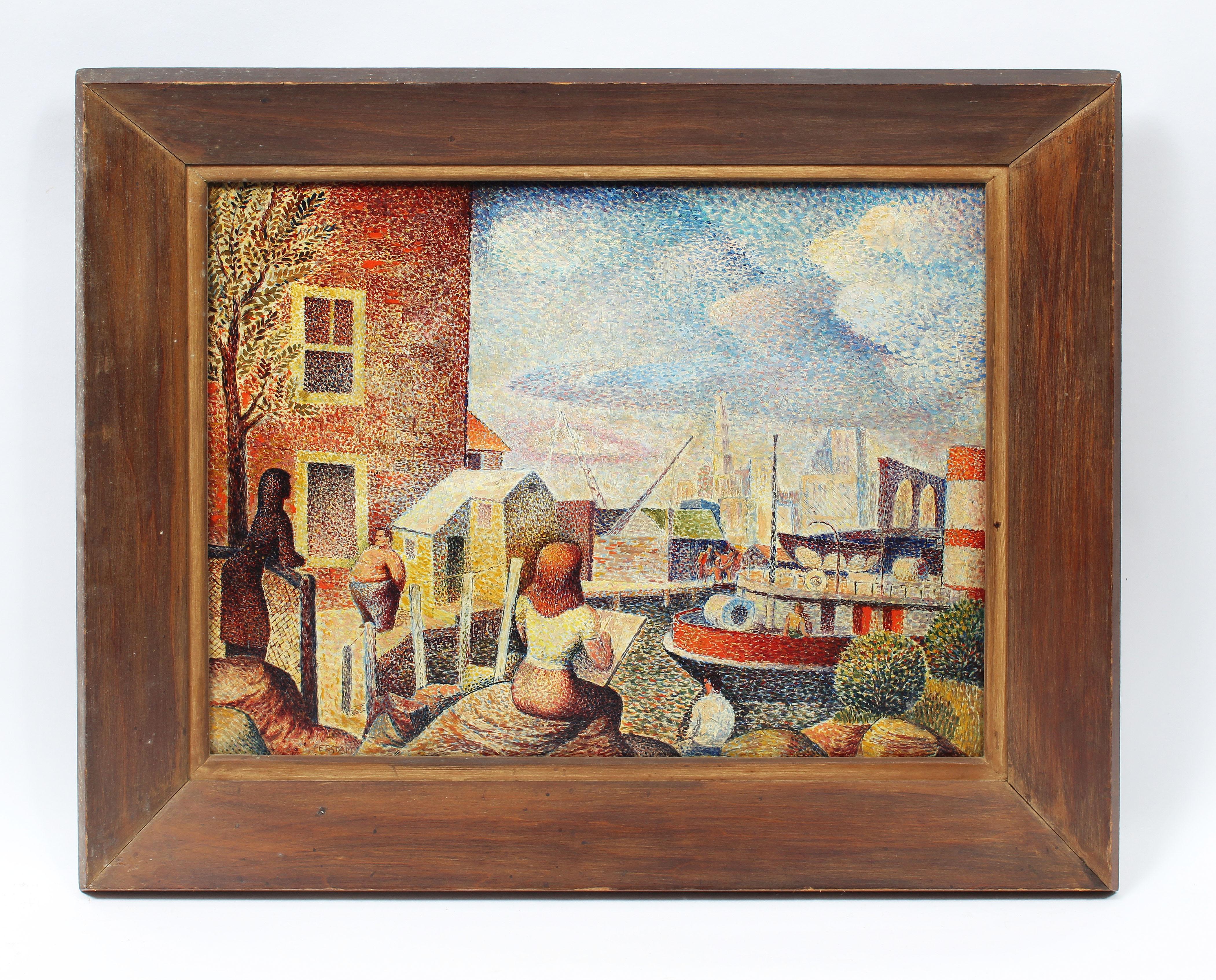 Louis Goodman Ferstadt Landscape Painting - Modernist New York City Street Scene Harbor Oil Painting "East River Firehouse"