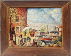 Modernist New York City Street Scene Harbor Oil Painting "East River Firehouse"