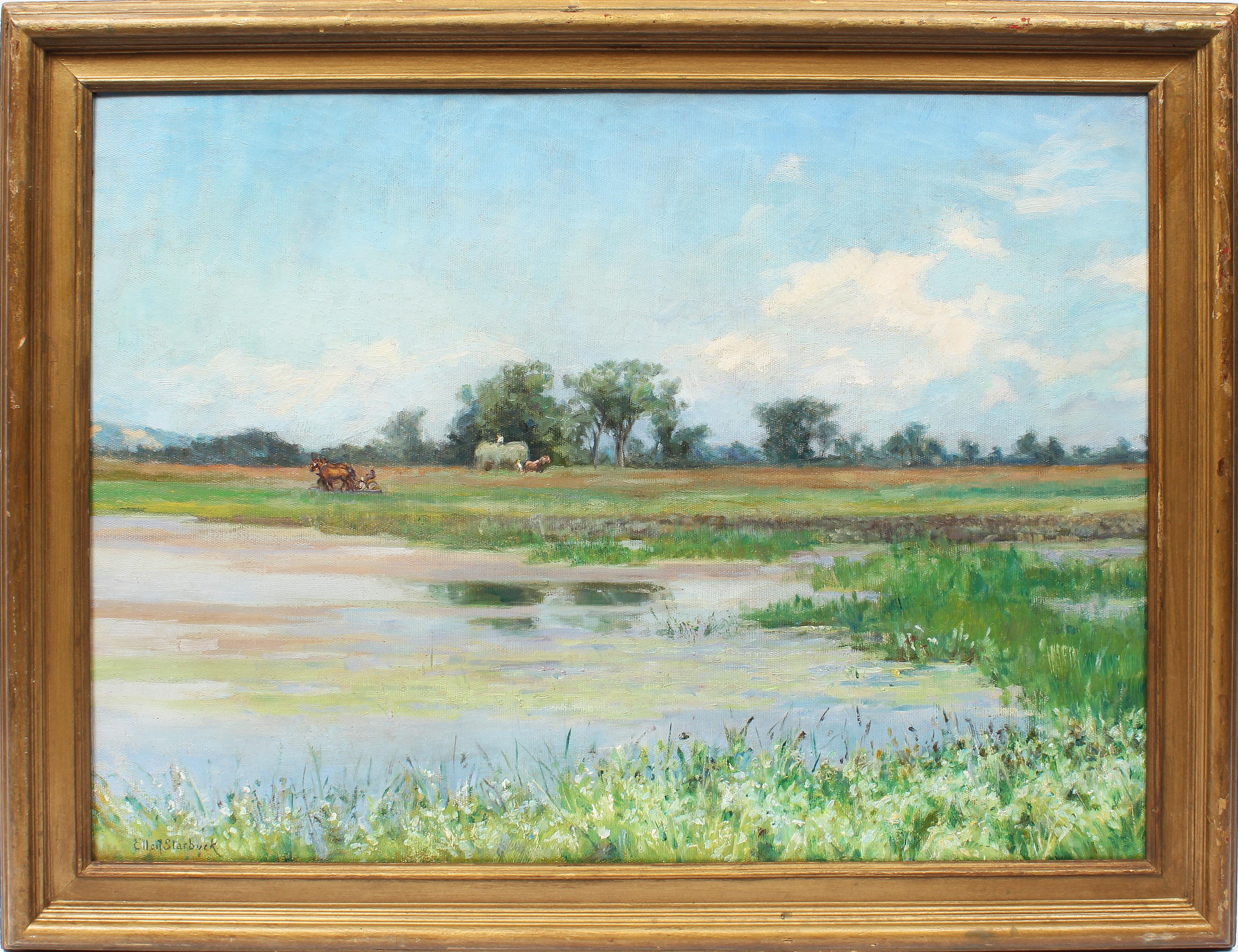 Ellen Starbuck Landscape Painting - Antique Female Impressionist Nantucket Marsh Landscape Signed Cow Oil Painting