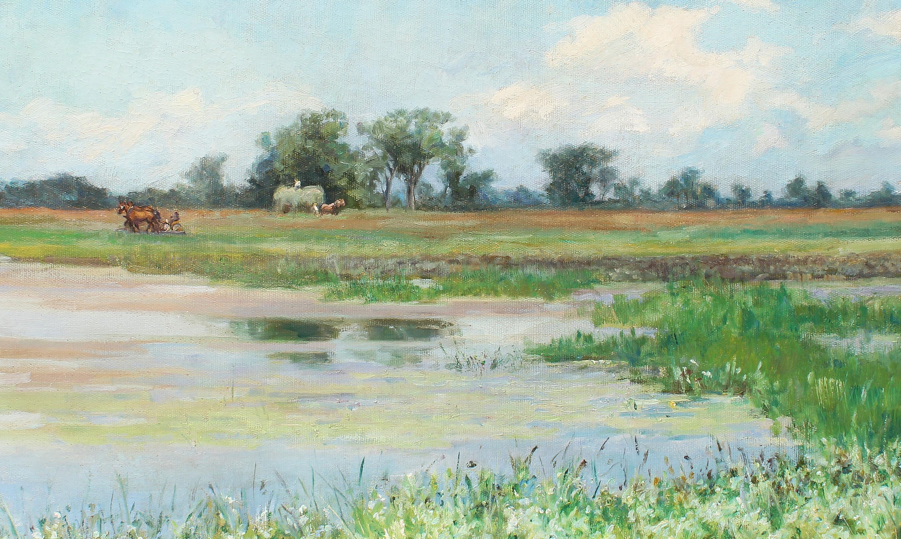 Antique Female Impressionist Nantucket Marsh Landscape Signed Cow Oil Painting - Gray Landscape Painting by Ellen Starbuck