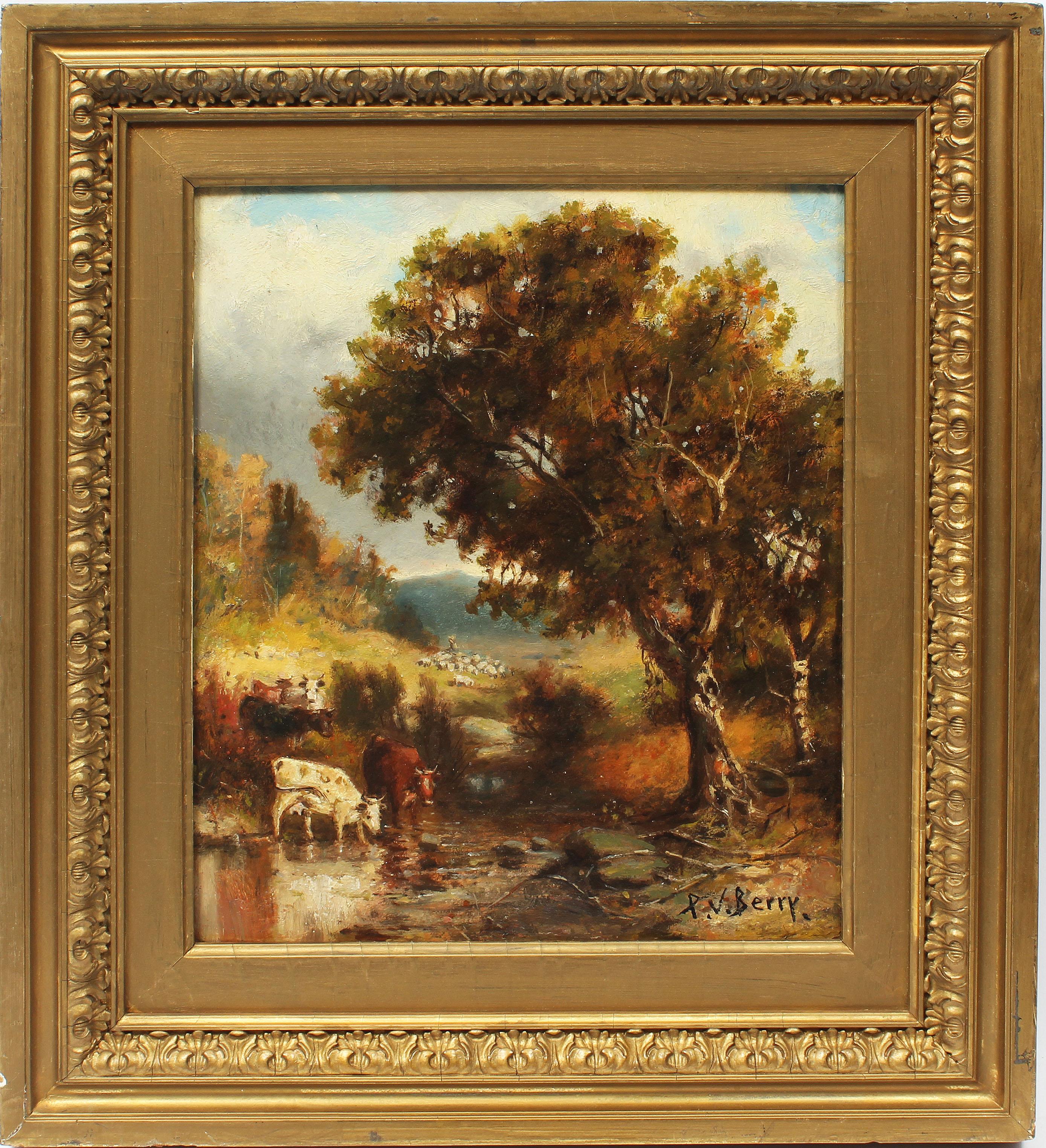 Patrick Vincent Berry Animal Painting - Antique American Original Hudson River School Cow Landscape Signed Oil Painting