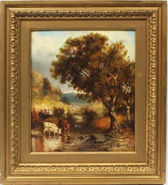 Antique American Original Hudson River School Cow Landscape Signed Oil Painting