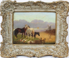 Antique English Sporting Art Animal Horse Portrait Sunset Landscape Oil Painting