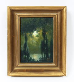 Antique Spanish Tonalist Moonlit River Landscape Nocturnal Rare Oil Painting