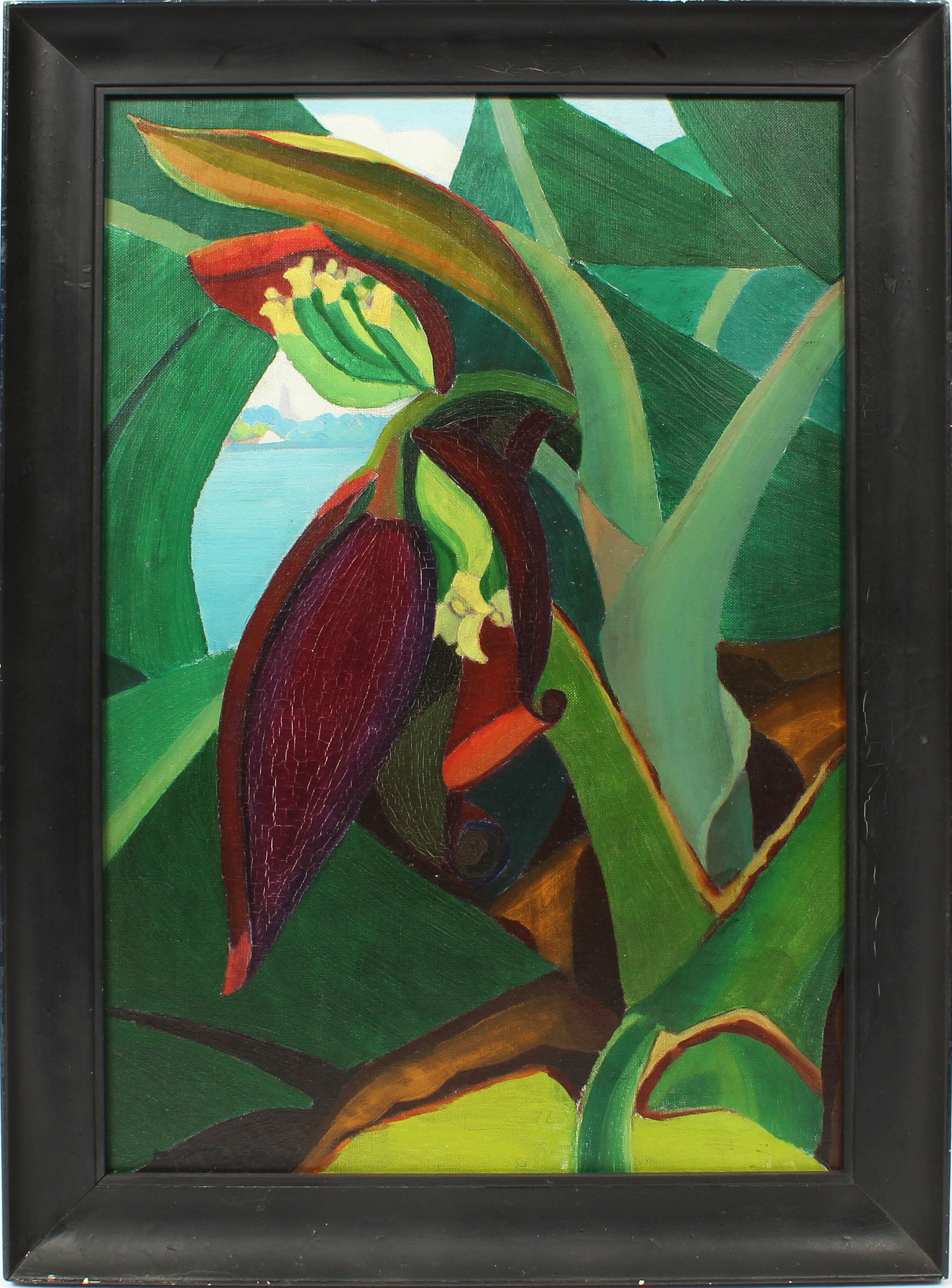 Edna L Brush Perkins Landscape Painting - Antique American Modernist Tropical Still Life Rare Abstract Oil Painting