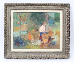 Antique California Impressionist Fruit Harvest Signed Landscape Oil Painting