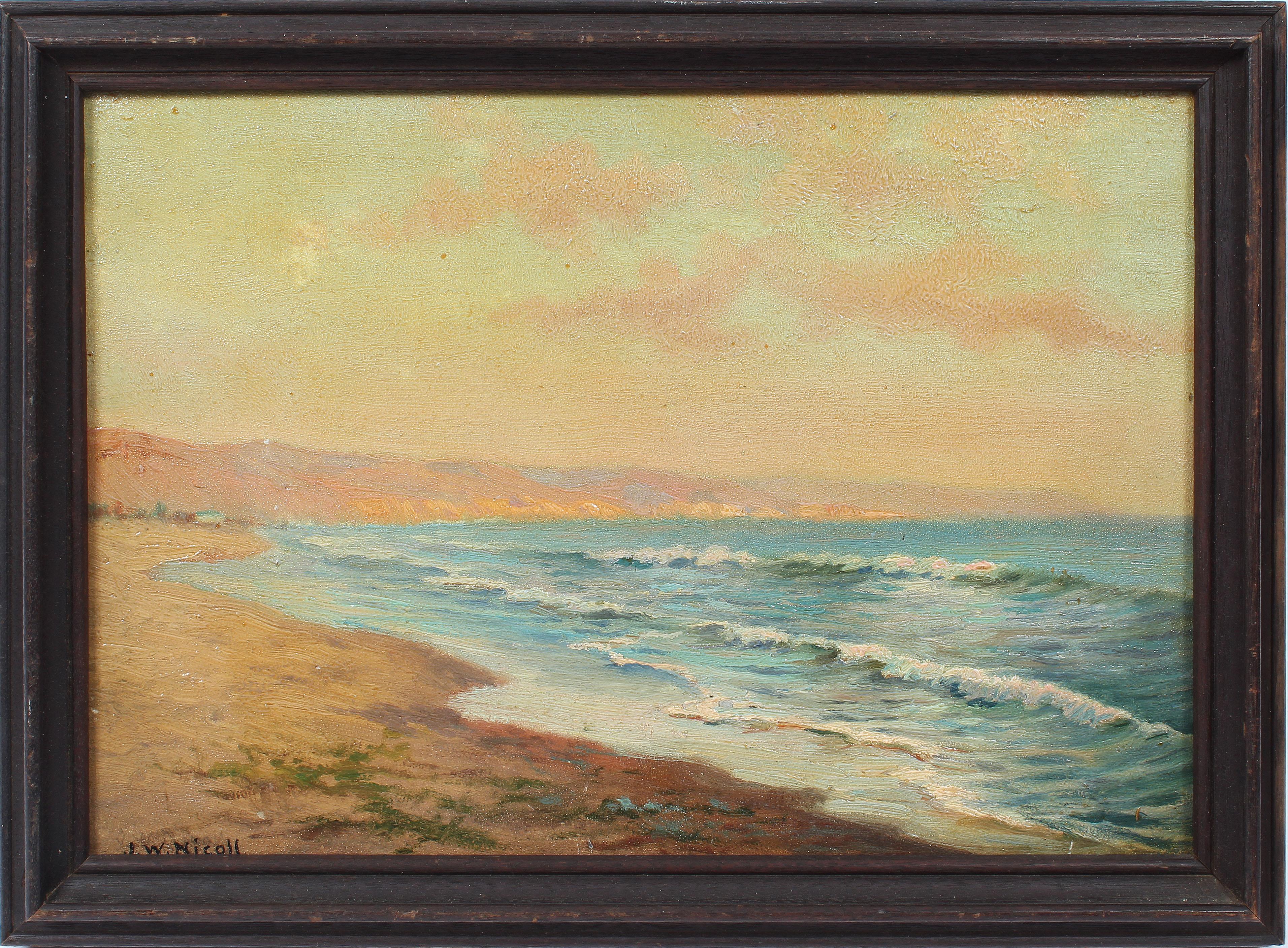 John W. Nicoll Landscape Painting - Antique California Beach Sunset Singed Impressionist Coastal Oil Painting