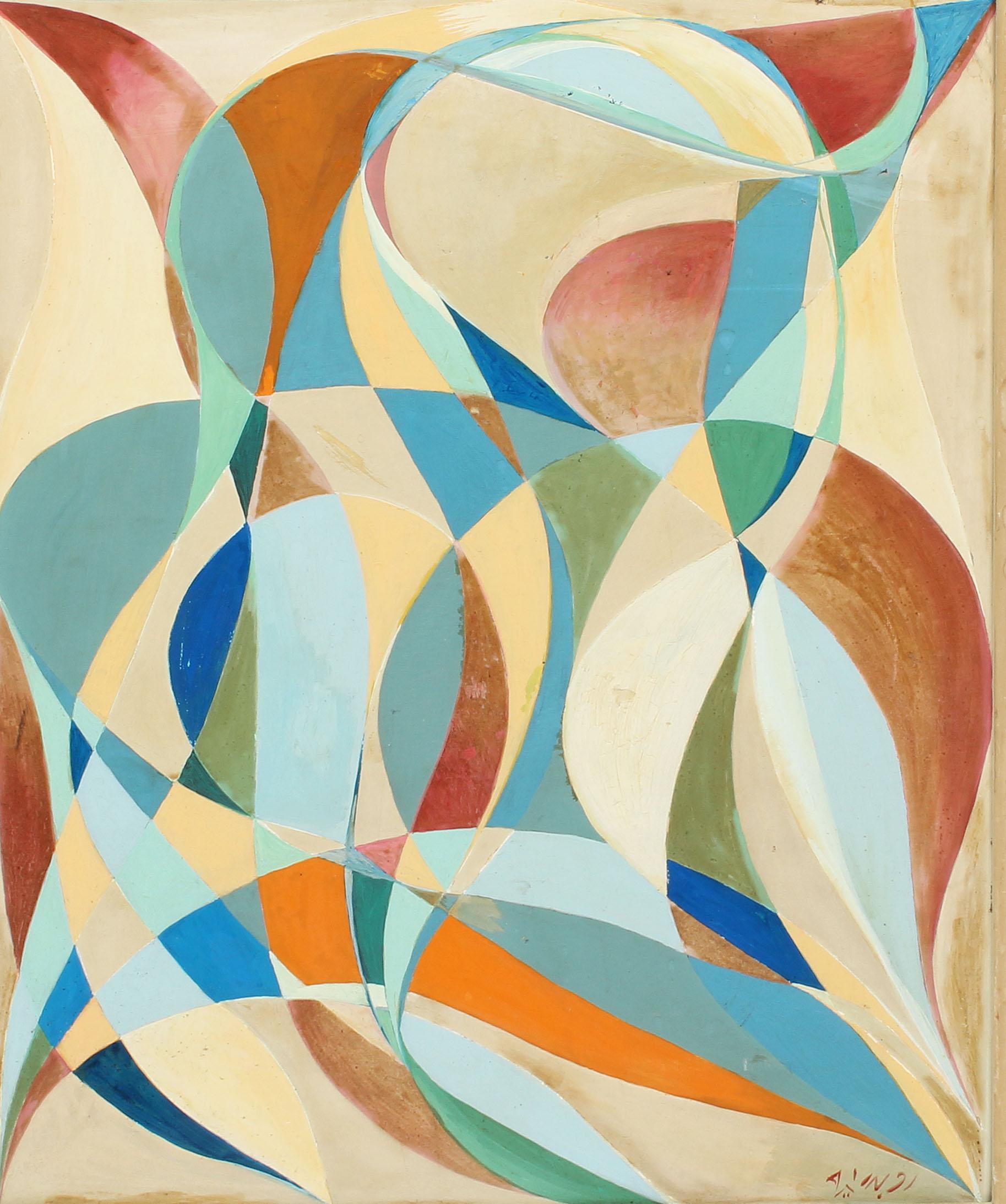 Antico dipinto ad olio americano modernista cubista astratto firmato, raro e precoce - Painting Astratto di Lela Axline