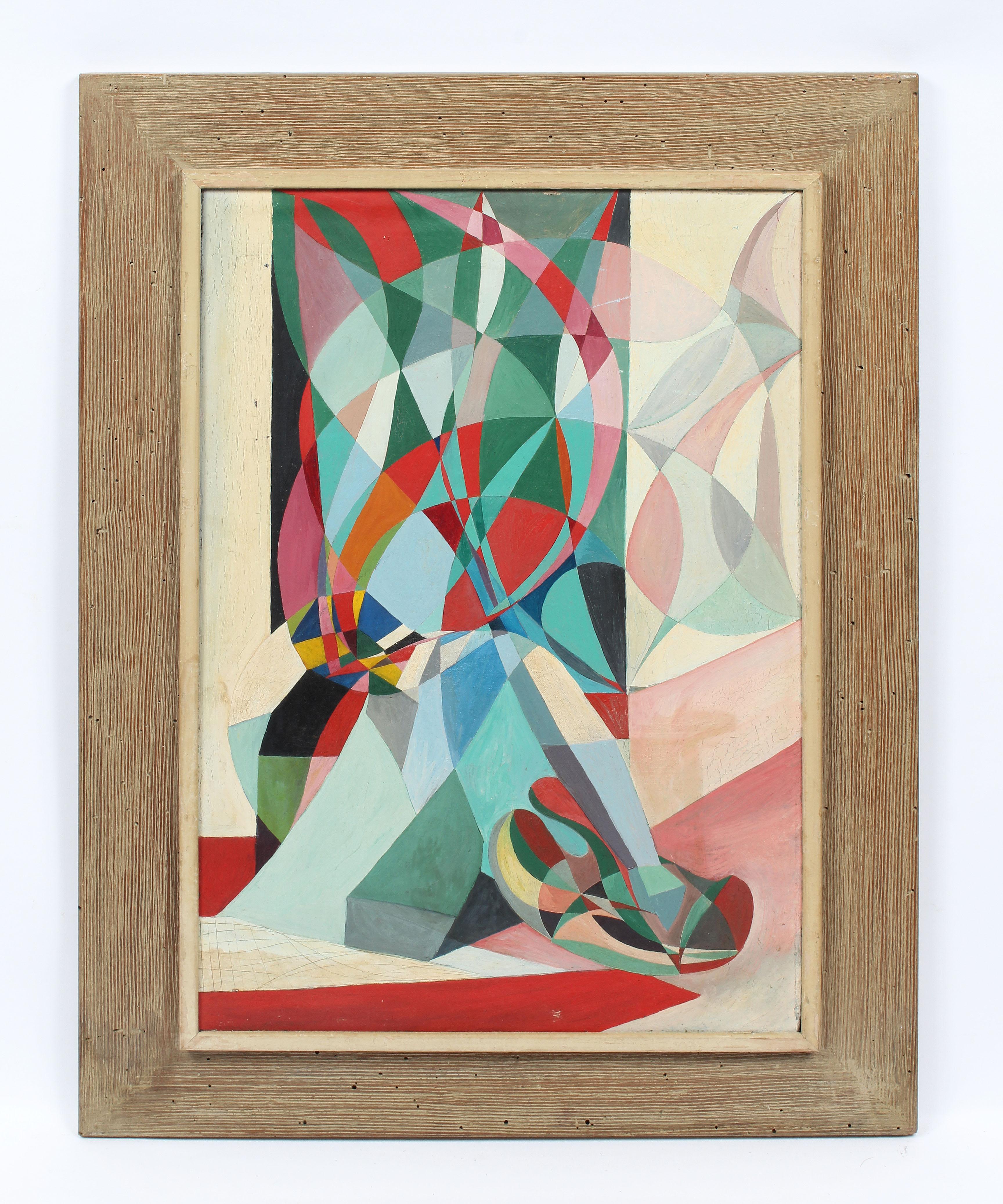 Abstract Painting Lela Axline - Ancienne peinture à l'huile abstraite cubiste américaine moderniste et abstraite signée, rare 