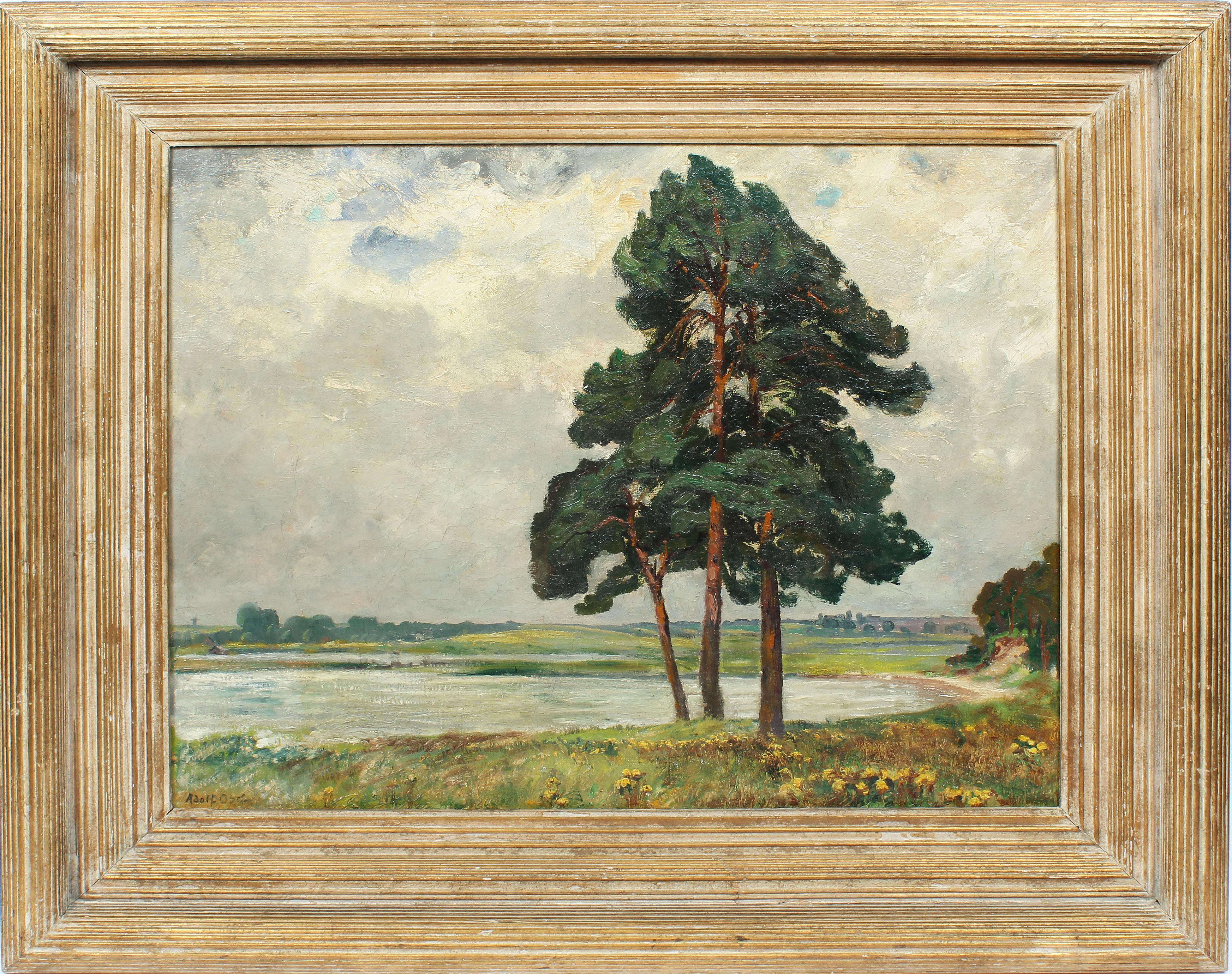 Adolf Obst Landscape Painting - Antique German Impressionist Signed Panoramic Rare Early Landscape Oil Painting