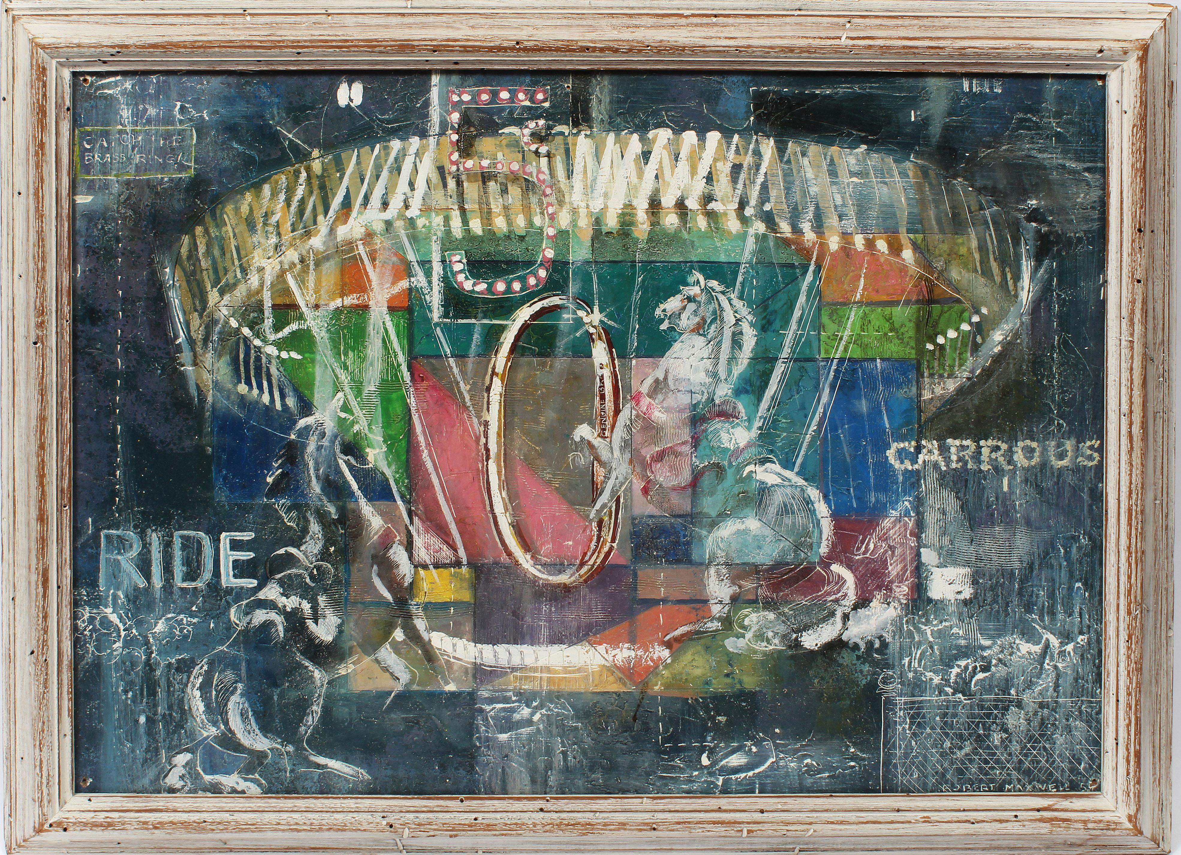 Animal Painting de Robert Edwin Maxwell - Antiguo cuadro al óleo modernista americano Caballo Carrusel Nocturno Abstracto Firmado