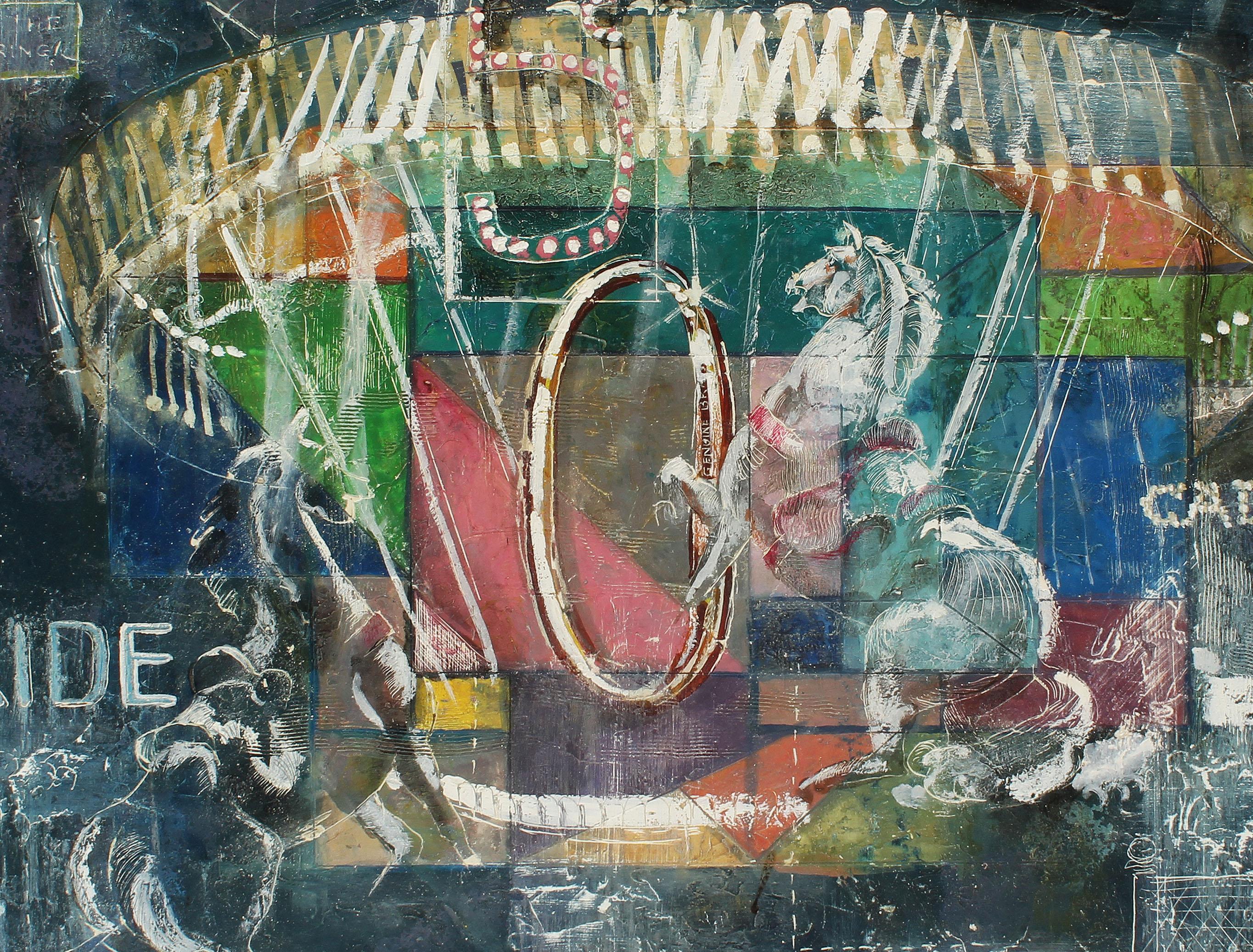 Antiguo cuadro al óleo modernista americano Caballo Carrusel Nocturno Abstracto Firmado - Animal Painting Gris de Robert Edwin Maxwell