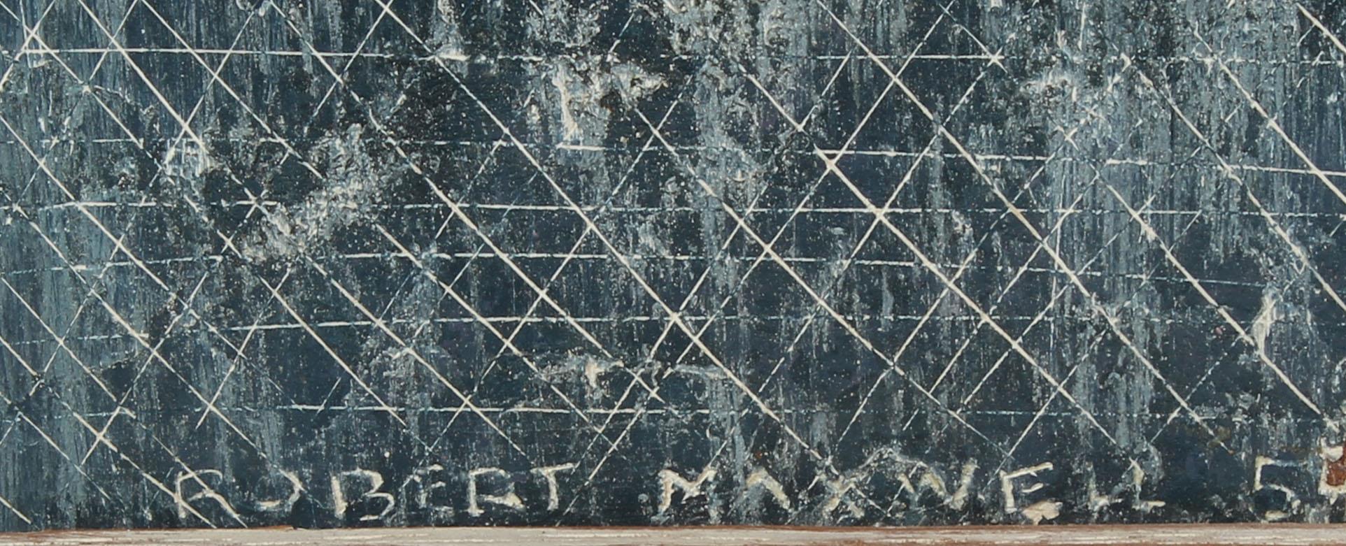 Antiguo óleo modernista estadounidense al carrusel de Robert Edwin Maxwell (nacido en 1929).  Óleo sobre tabla, hacia 1955. Firmado.  Se presenta en un marco moderno de época.  Imagen, 24 