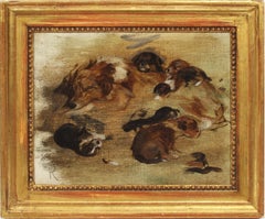 Ancienne peinture à l'huile originale d'un portrait, portrait signé d'un collier anglais avec chien coq