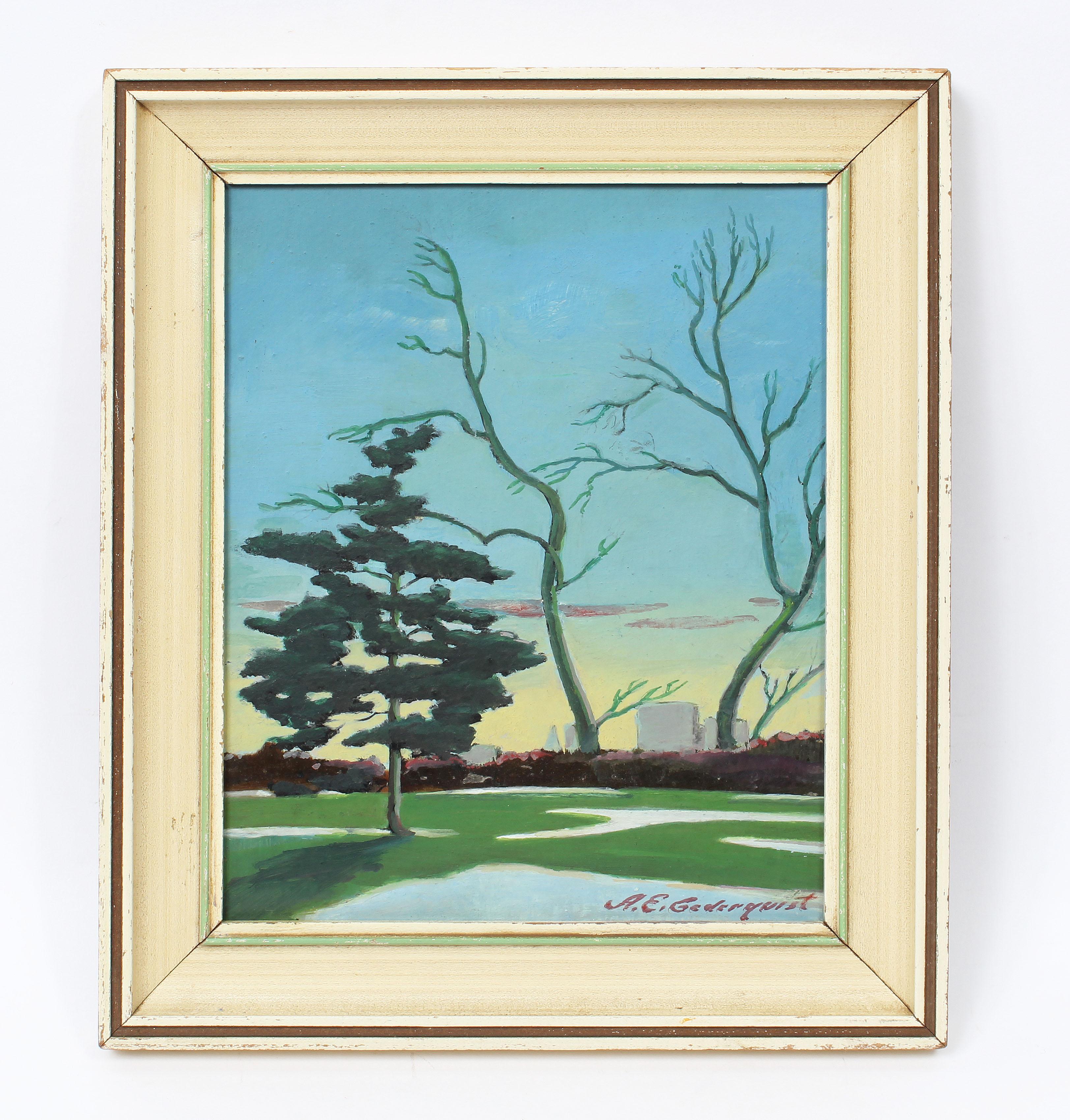 Antique ancien étudiant réaliste américain Central Park New York Sunset Hopper  Peinture - peinture - Painting de Arthur E. Cedarquist