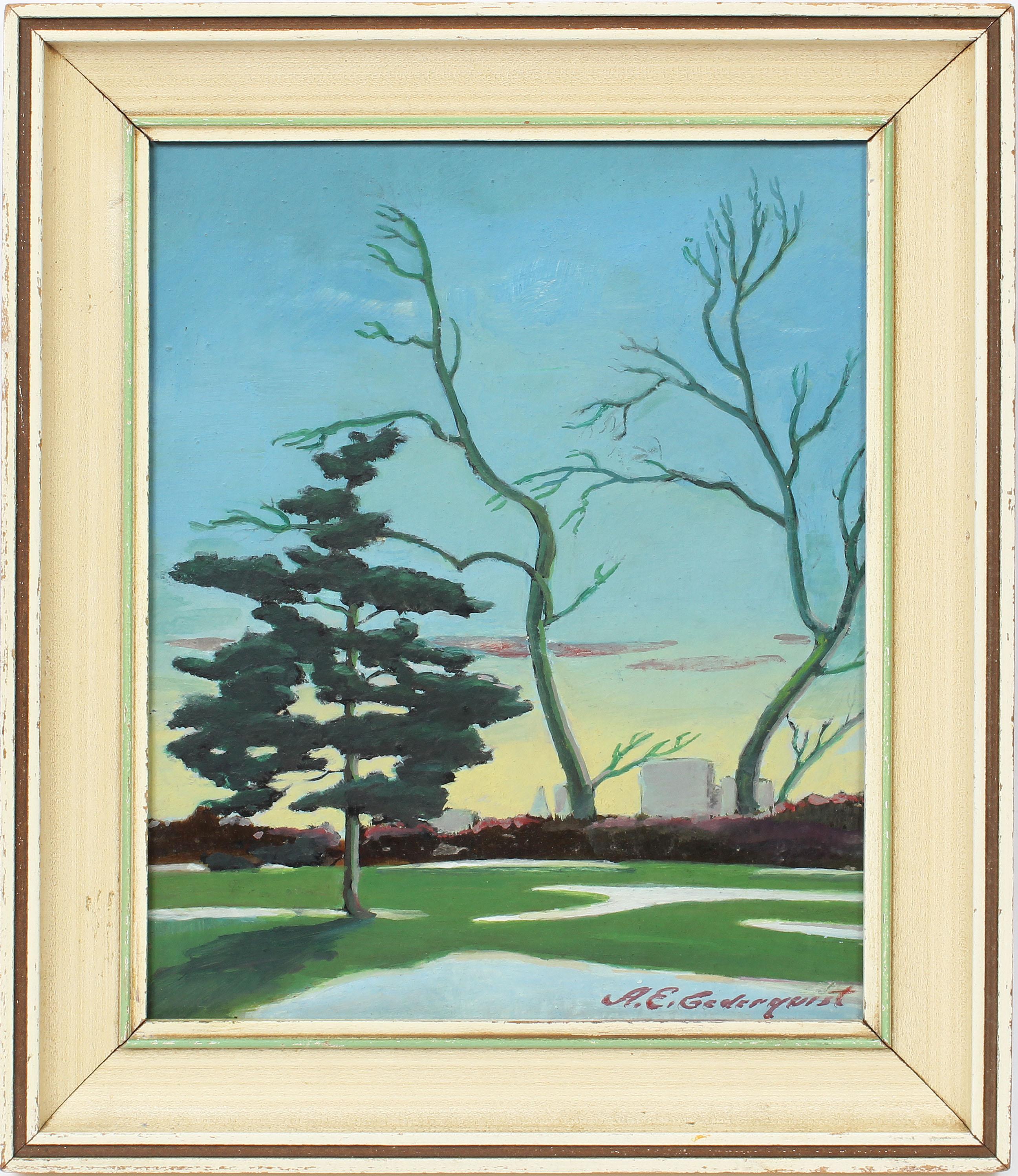 Landscape Painting Arthur E. Cedarquist - Antique ancien étudiant réaliste américain Central Park New York Sunset Hopper  Peinture - peinture