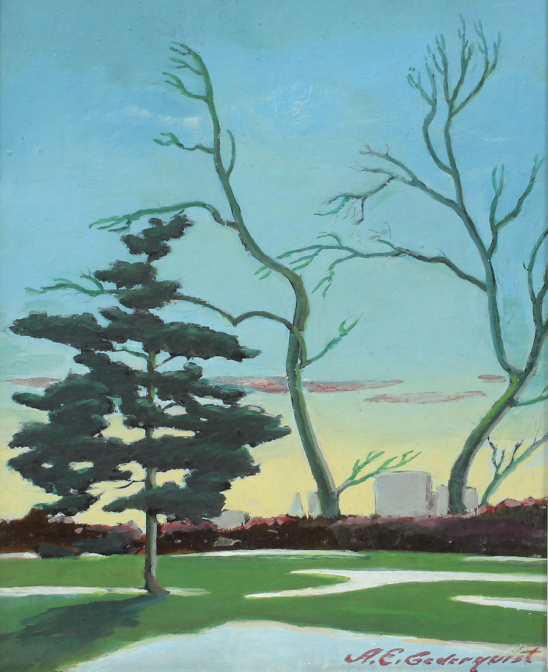 Antique ancien étudiant réaliste américain Central Park New York Sunset Hopper  Peinture - peinture - Impressionnisme Painting par Arthur E. Cedarquist