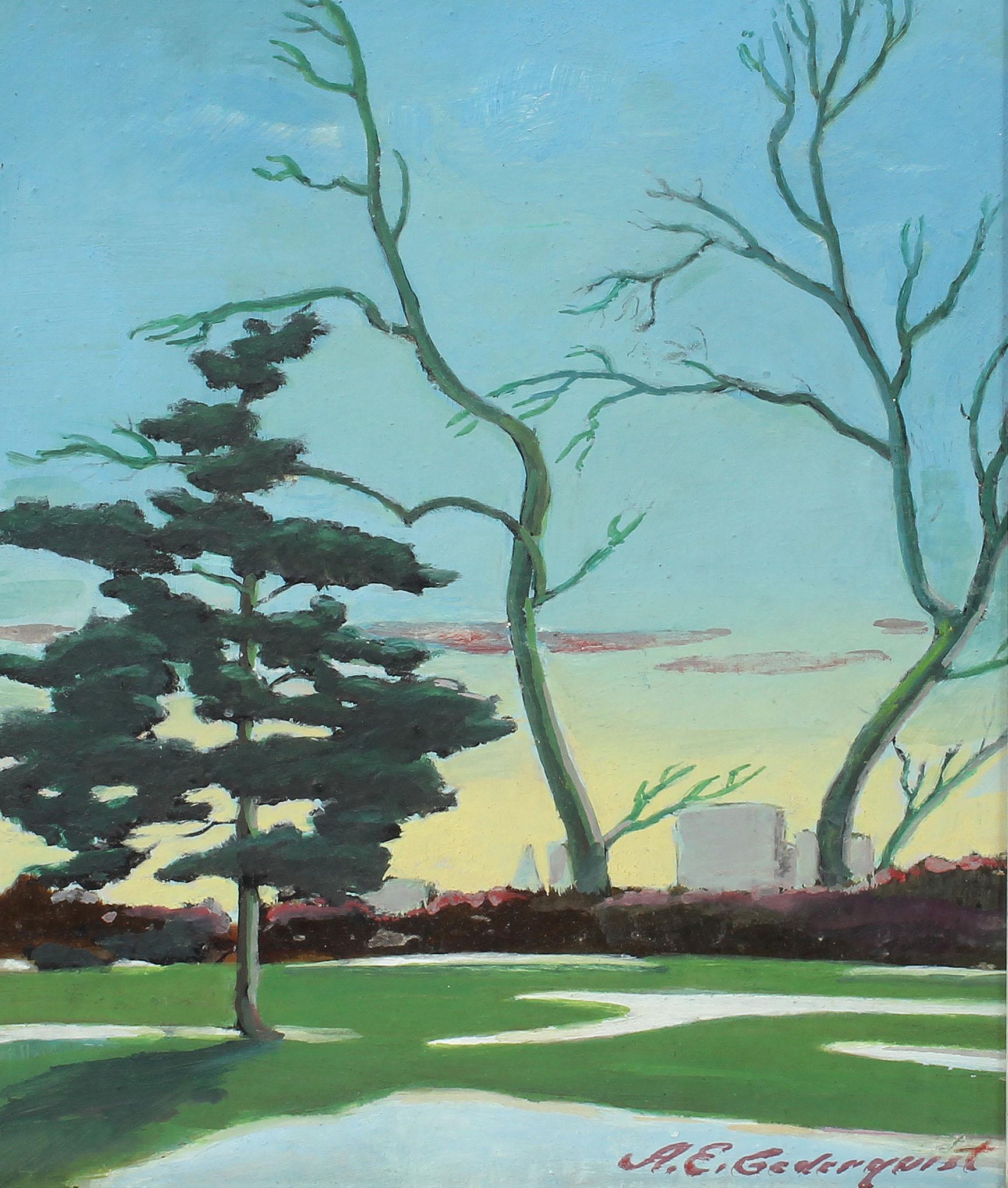 Antique ancien étudiant réaliste américain Central Park New York Sunset Hopper  Peinture - peinture - Gris Landscape Painting par Arthur E. Cedarquist