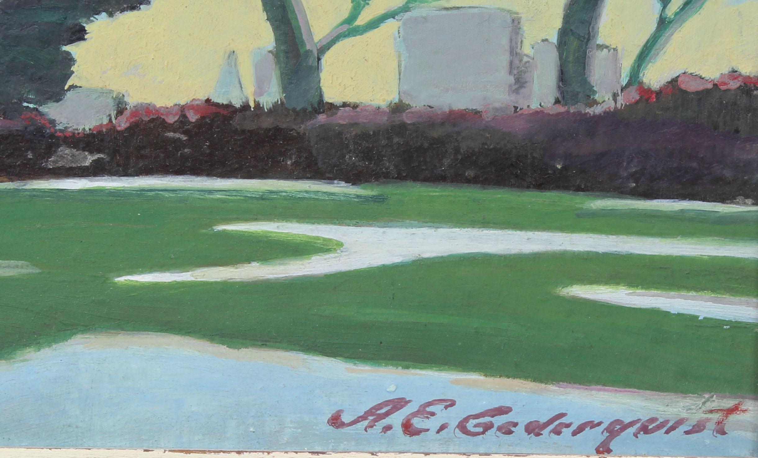 Ancienne peinture à l'huile de paysage réaliste américain par Arthur E. Cedarquist (1884 - 1955).  Cedarquist était ami avec Edward Hopper et a étudié avec lui.  Huile sur carton, vers 1930. Signé.  Présenté dans un cadre d'époque.  Image, 8 