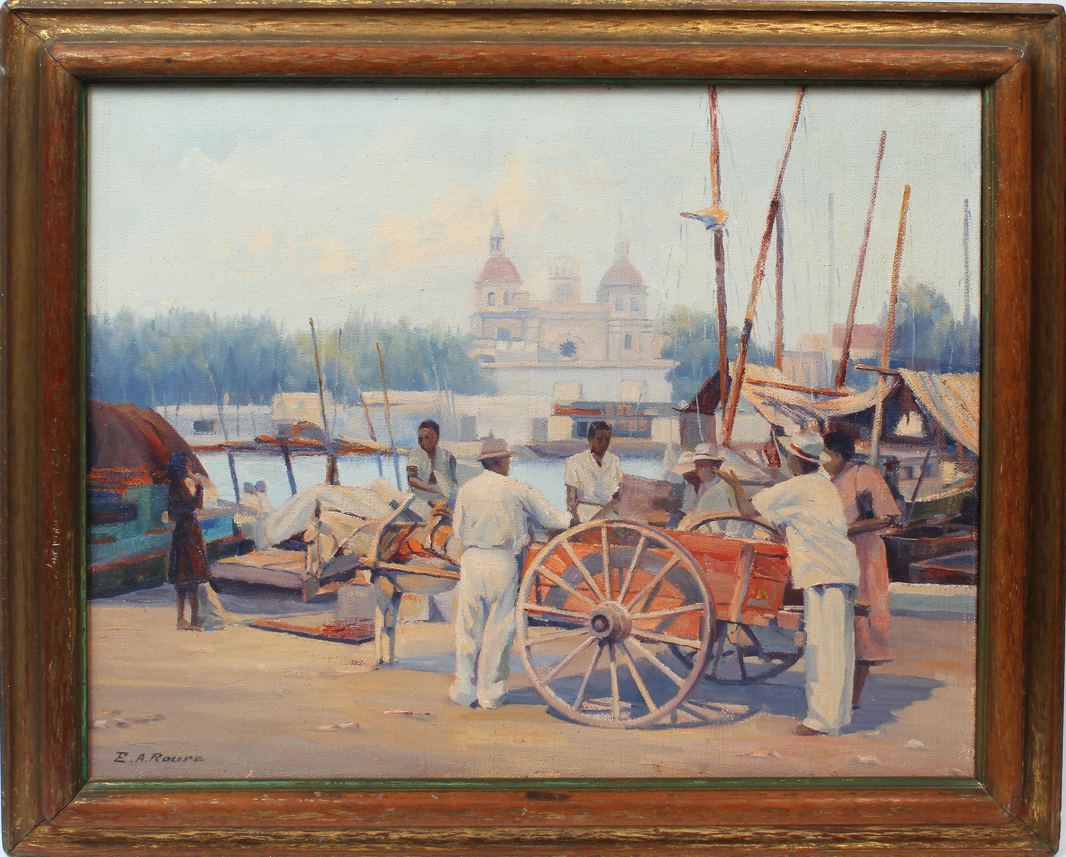 Emile A. Roure Landscape Painting - Antique American Impressionist Tropical Port Black Figure & Market Oil Painting