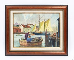 Antique American Impressionist Gloucester Harbor New England Fishing  Painting