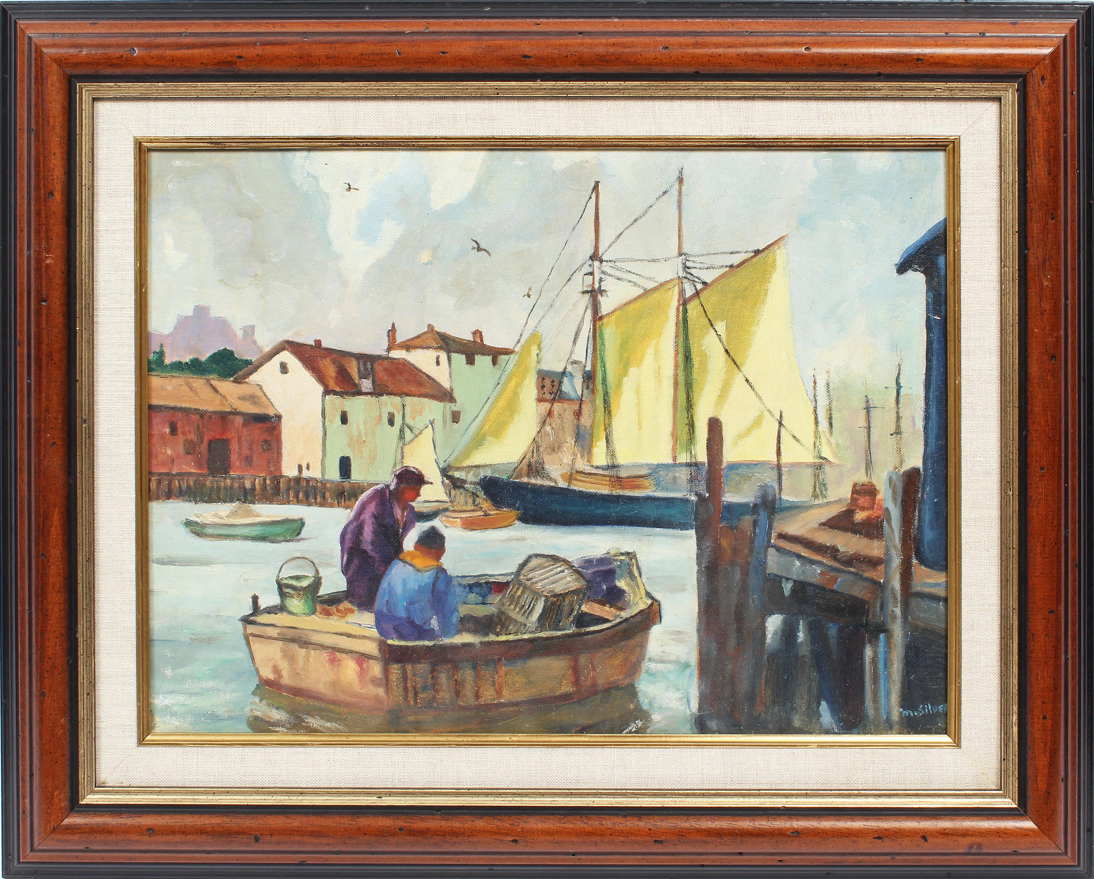 Mabel Silver Landscape Painting - Antique American Impressionist Gloucester Harbor New England Fishing  Painting