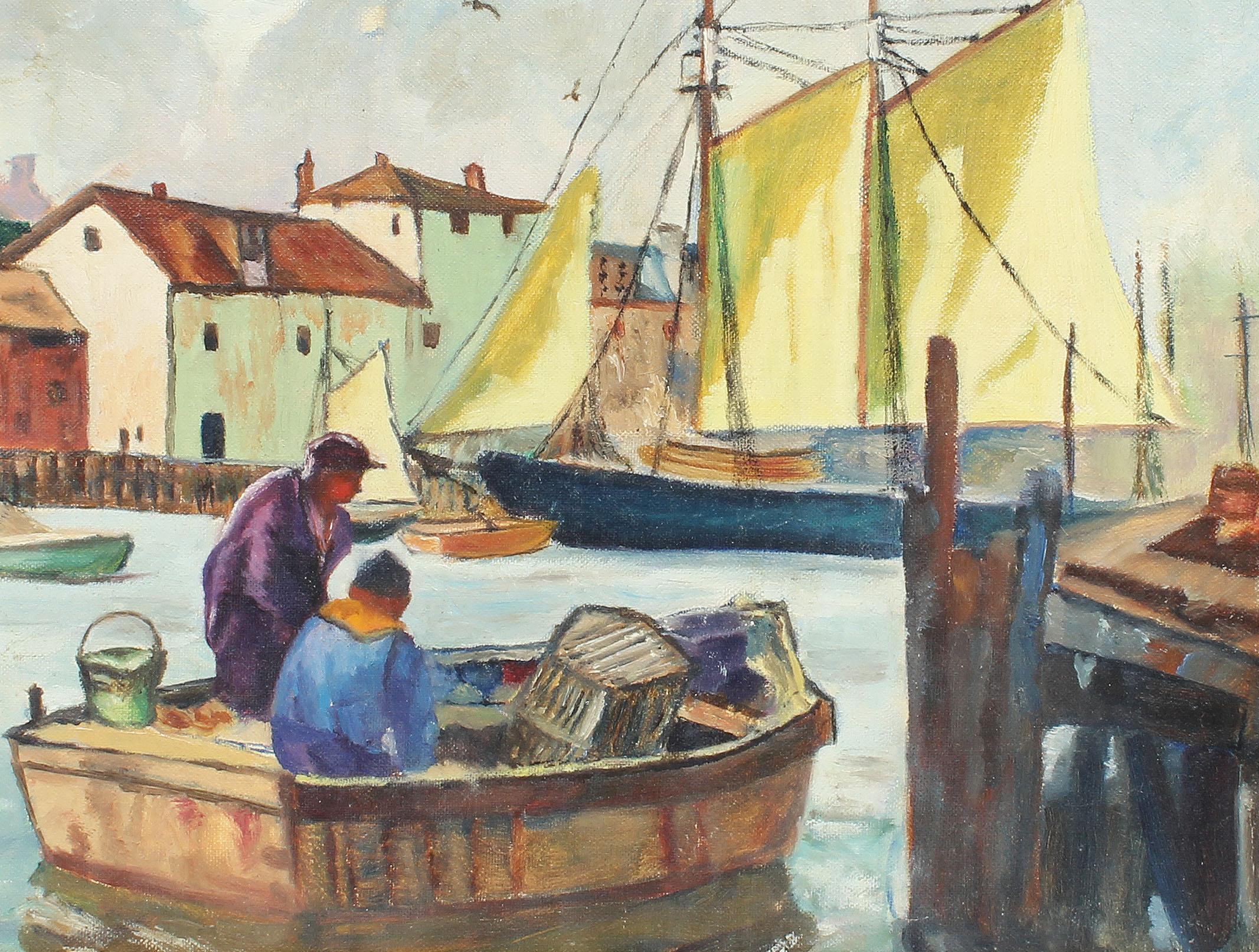 Antique American Impressionist Gloucester Harbor New England Fishing  Painting For Sale 1