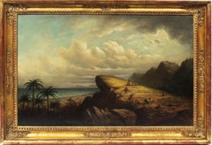 Antique American Southern School Tropical Coastal Ocean Landscape Oil Painting